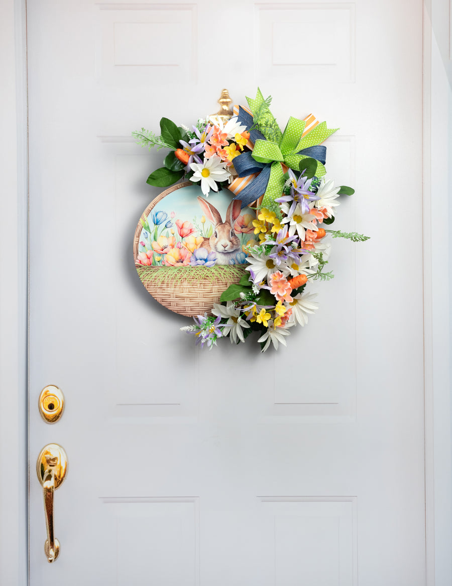 12" Round Metal Sign: Easter Basket Bunny in Flowers