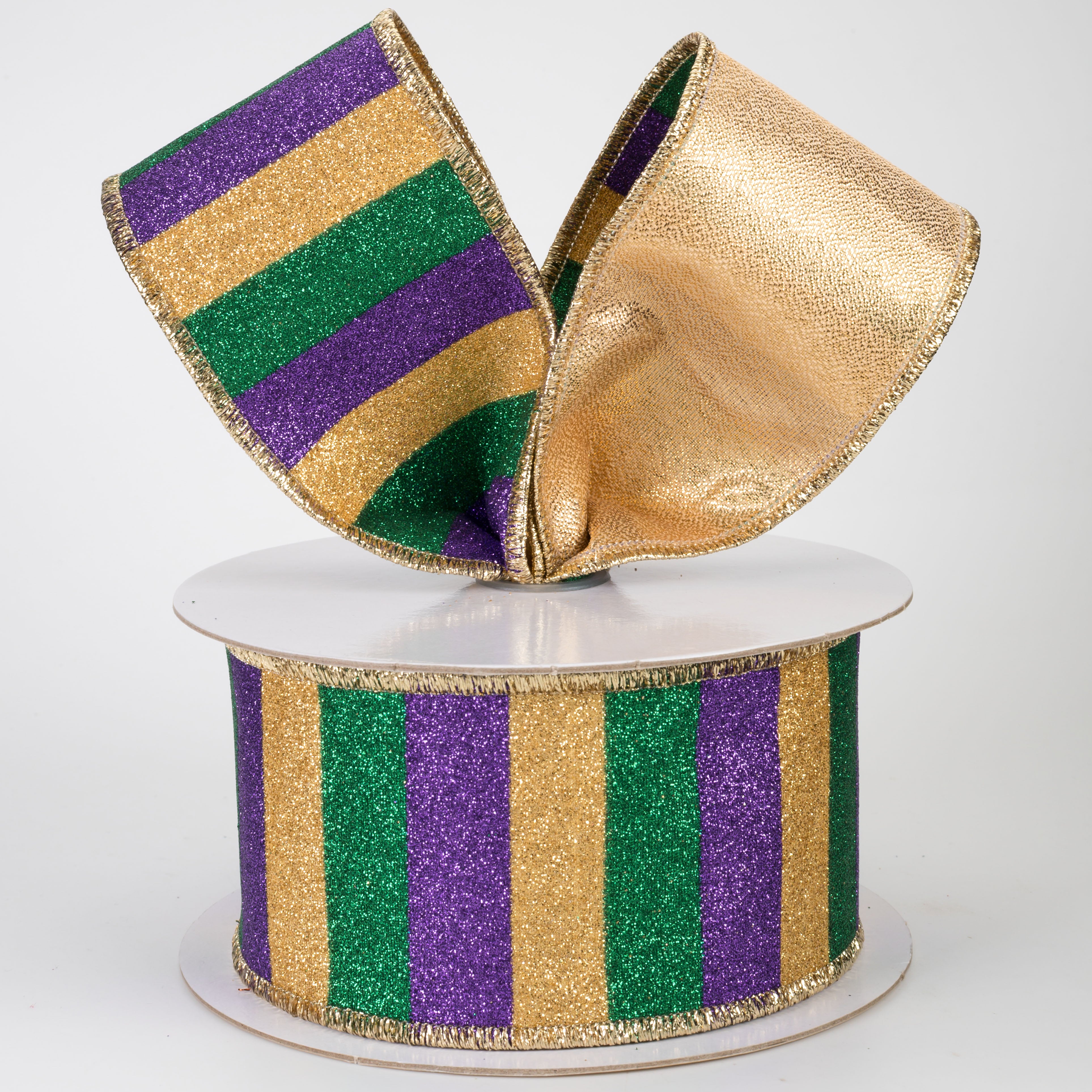 2.5" Double Sided Fused Glitter Stripes Ribbon: Mardi Gras (10 Yards)