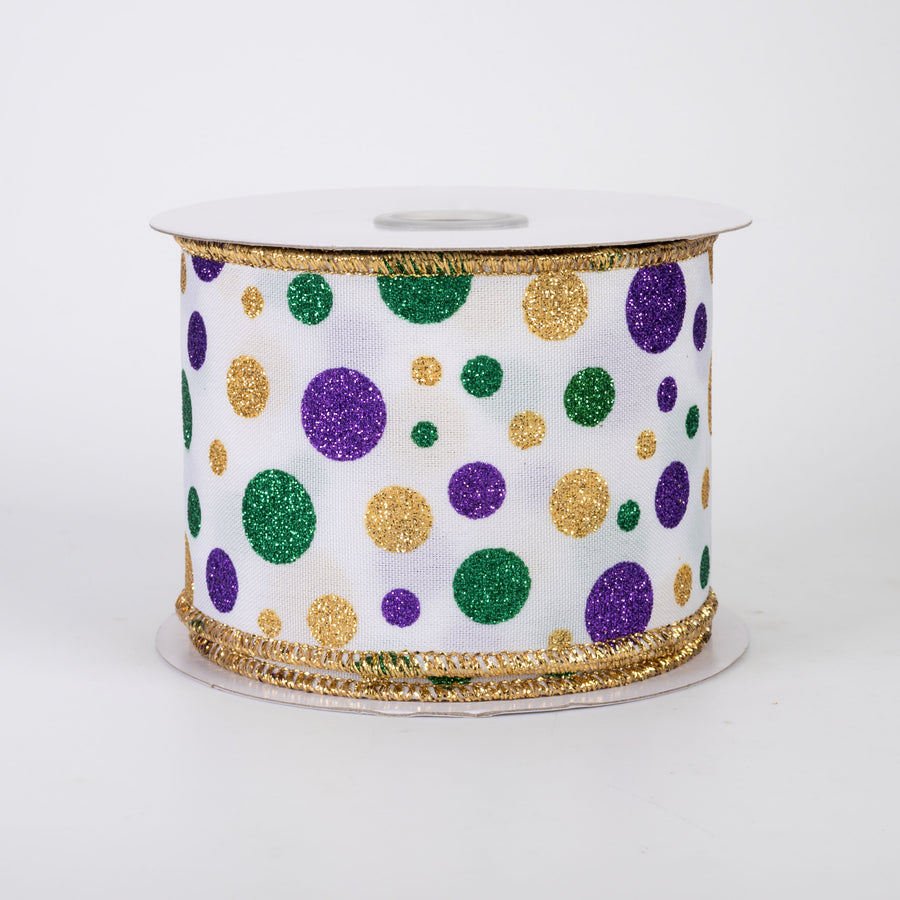 2.5" Multi Glitter Polka Dot Ribbon: Mardi Gras on White (10 Yards)