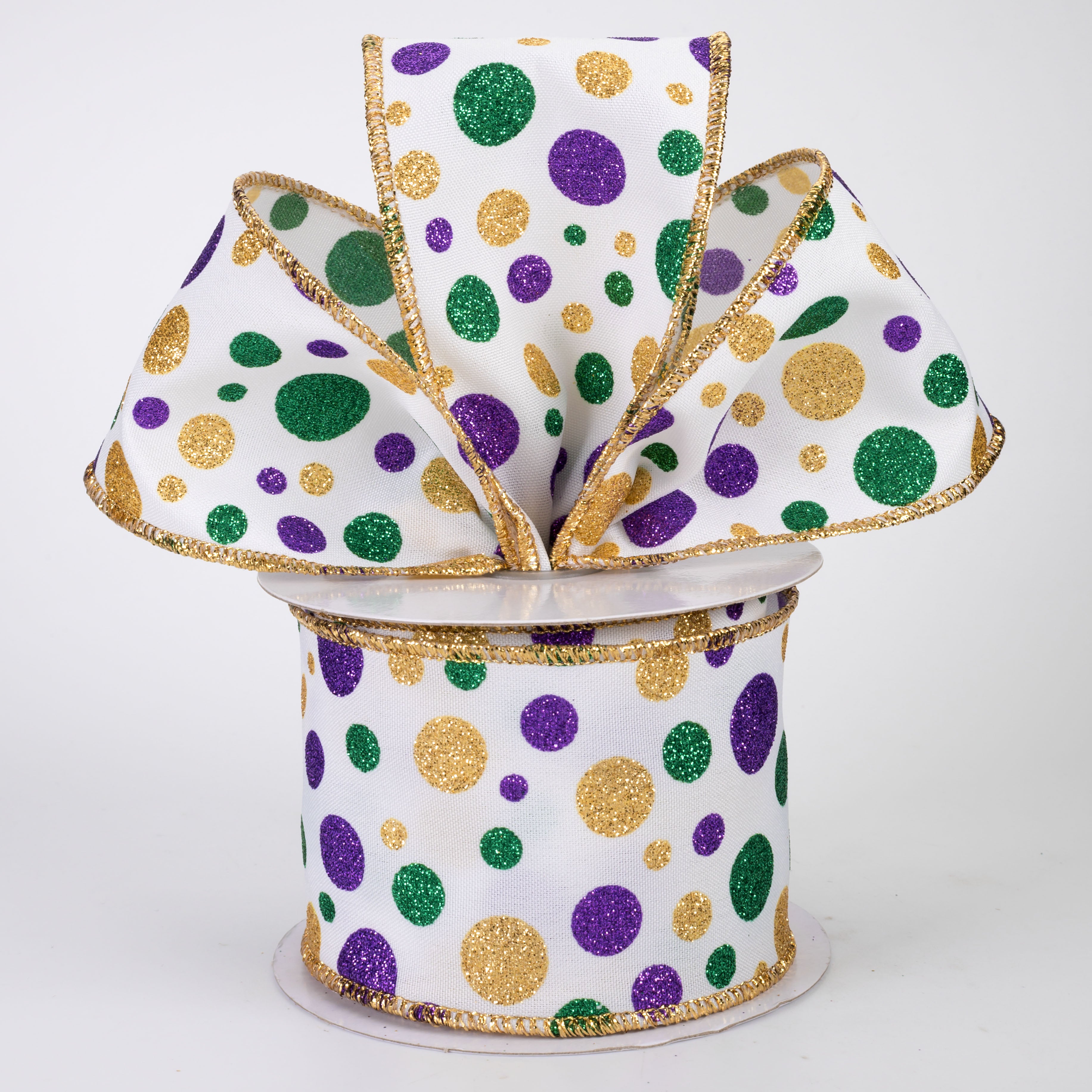 2.5" Multi Glitter Polka Dot Ribbon: Mardi Gras on White (10 Yards)