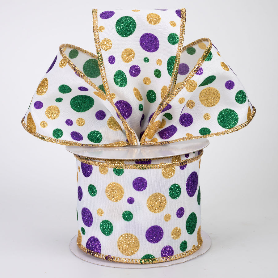 2.5" Multi Glitter Polka Dot Ribbon: Mardi Gras on White (10 Yards)