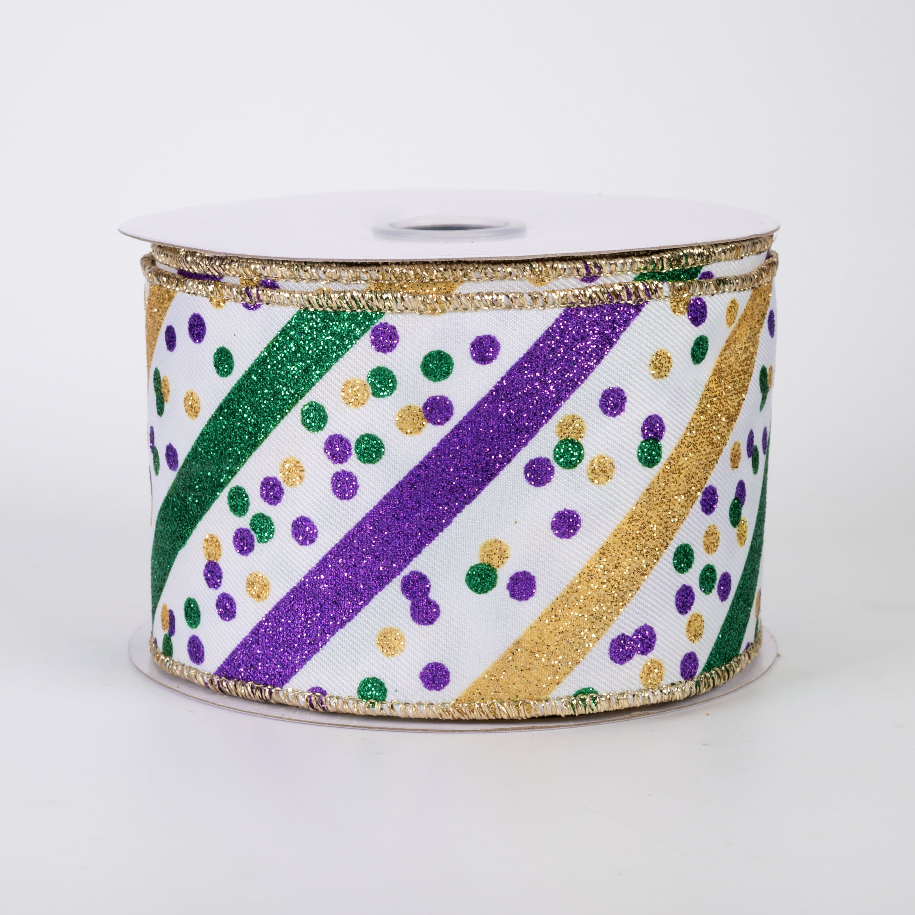 2.5" Diagonal Glitter Stripes & Confetti Dots Ribbon: Mardi Gras (10 Yards)