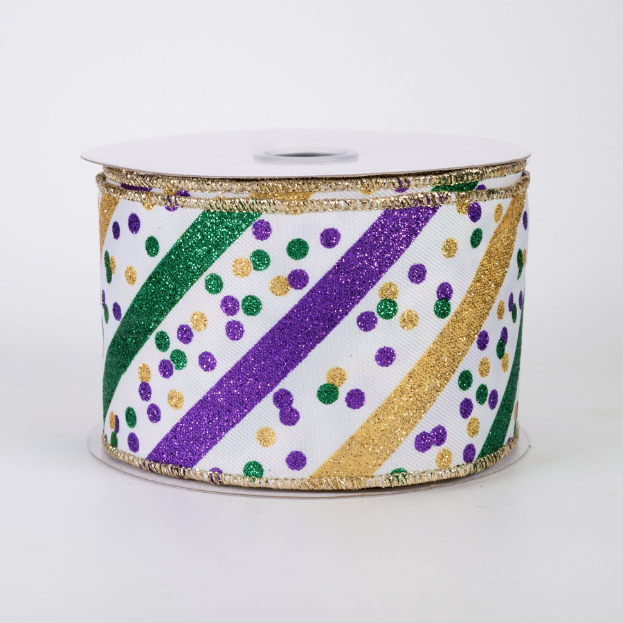 2.5" Diagonal Glitter Stripes & Confetti Dots Ribbon: Mardi Gras (10 Yards)