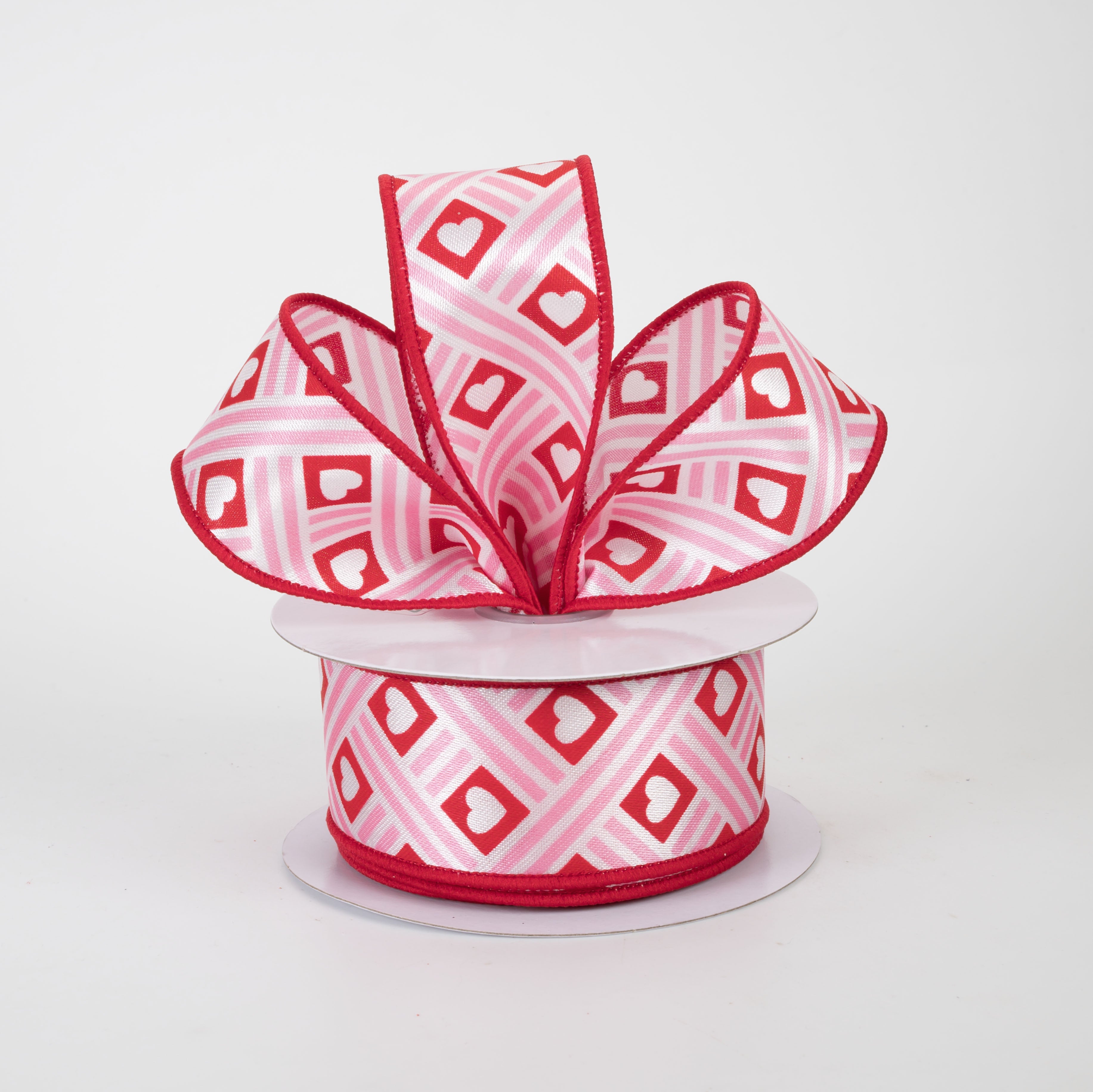 1.5" Diamond Hearts & Stripes Ribbon: Red & Pink (10 Yards)