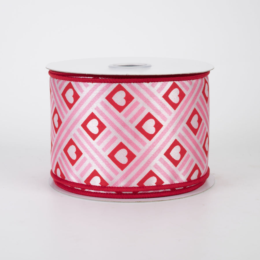 2.5" Diamond Hearts & Stripes Ribbon: Red & Pink (10 Yards)