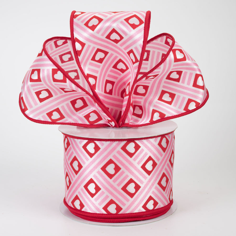 2.5" Diamond Hearts & Stripes Ribbon: Red & Pink (10 Yards)