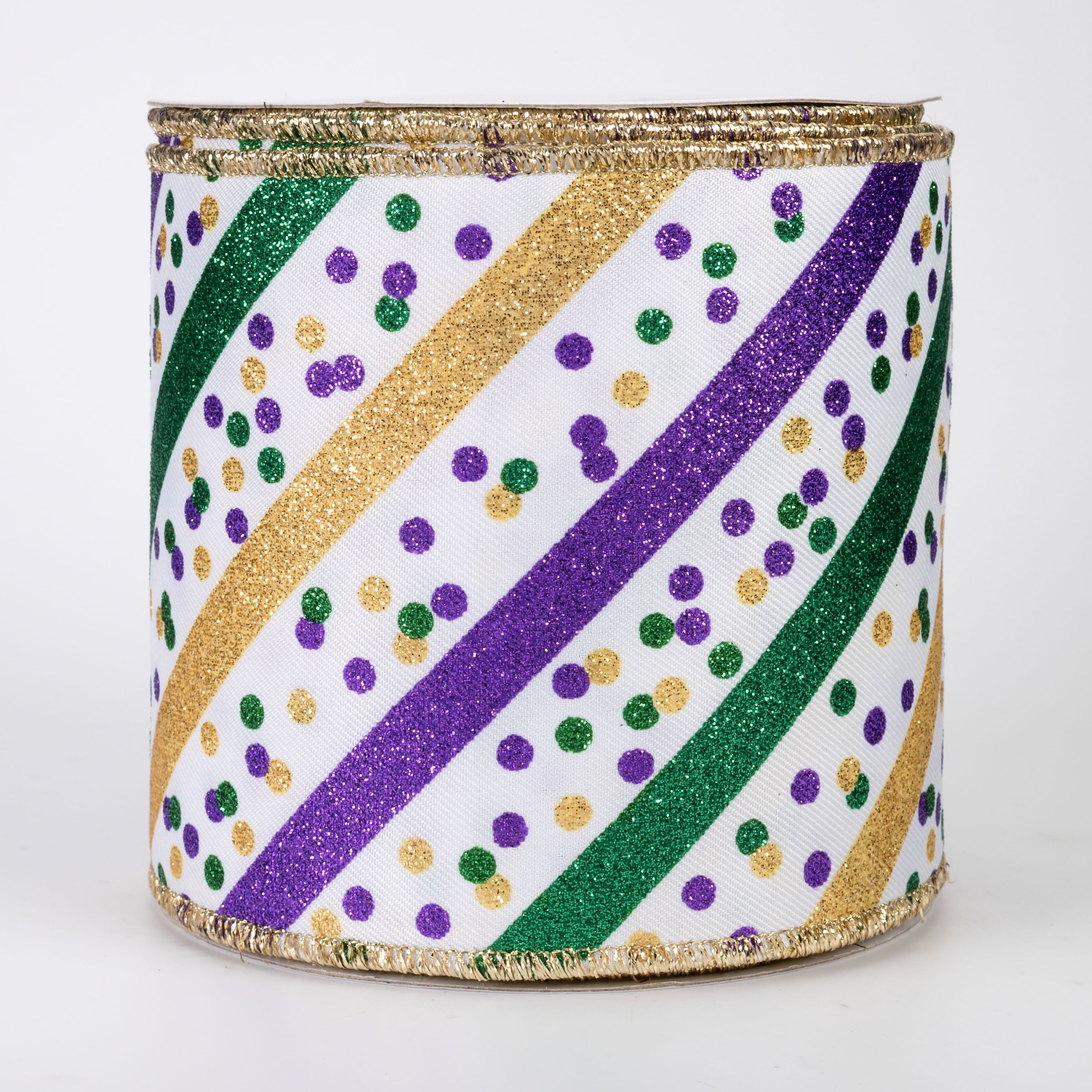4" Diagonal Glitter Stripes & Confetti Dots Ribbon: Mardi Gras (10 Yards)
