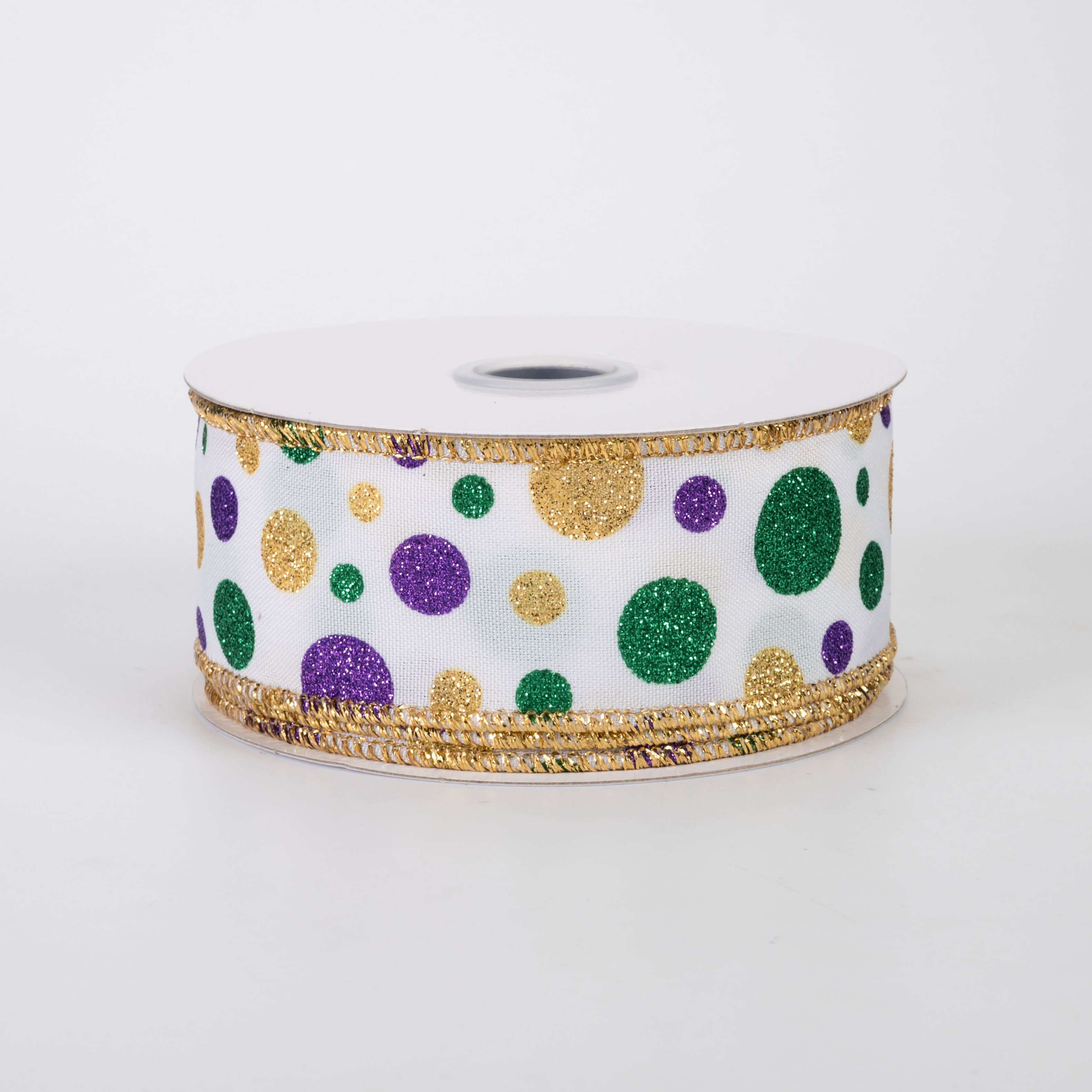 1.5" Multi Glitter Polka Dot Ribbon: Mardi Gras on White (10 Yards)