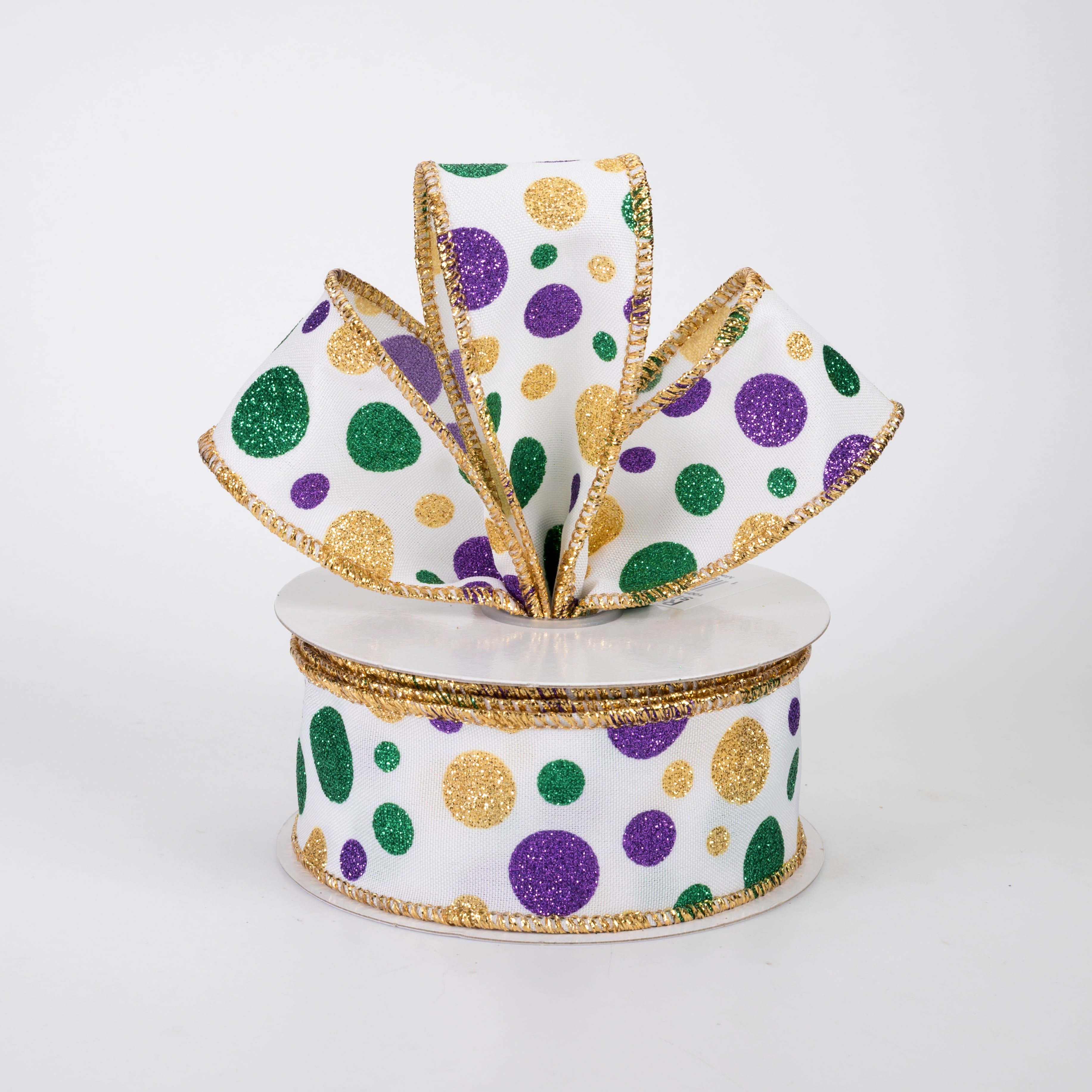 1.5" Multi Glitter Polka Dot Ribbon: Mardi Gras on White (10 Yards)