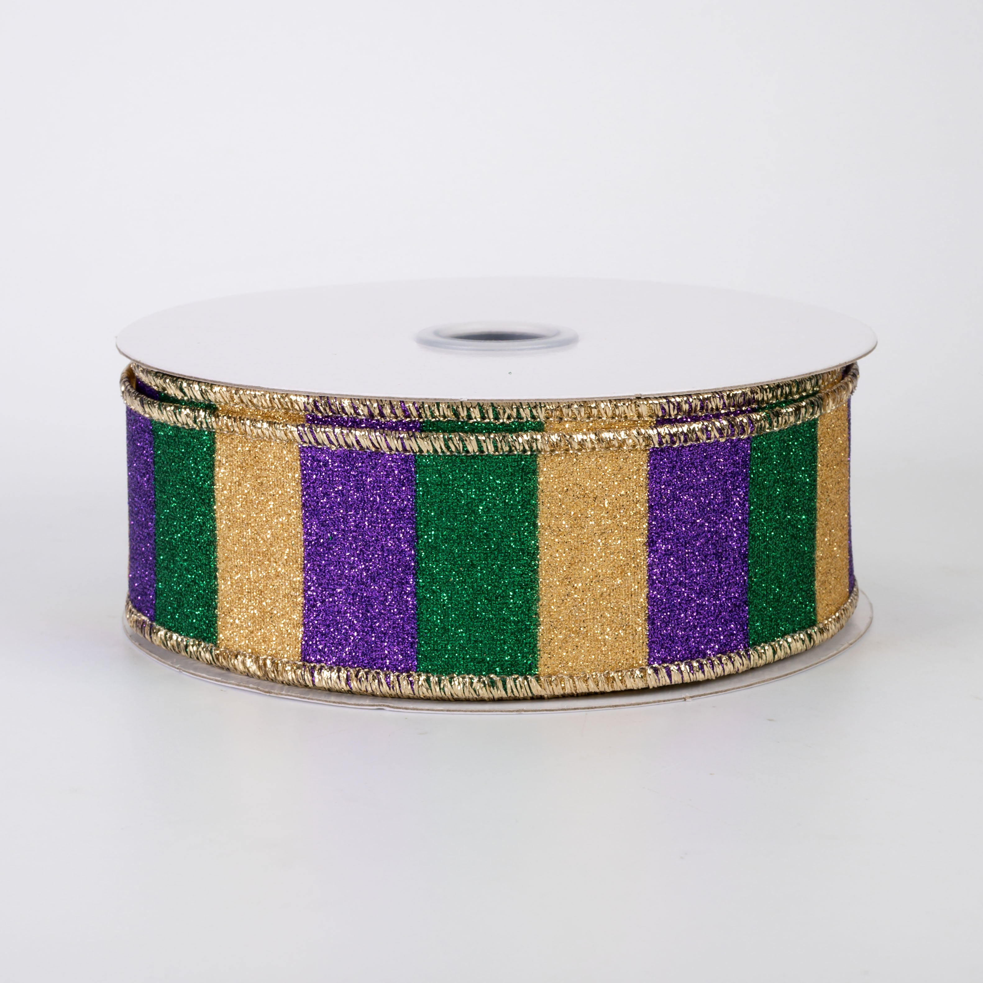 1.5" Horizontal Glitter Stripes Ribbon: Mardi Gras (10 Yards)