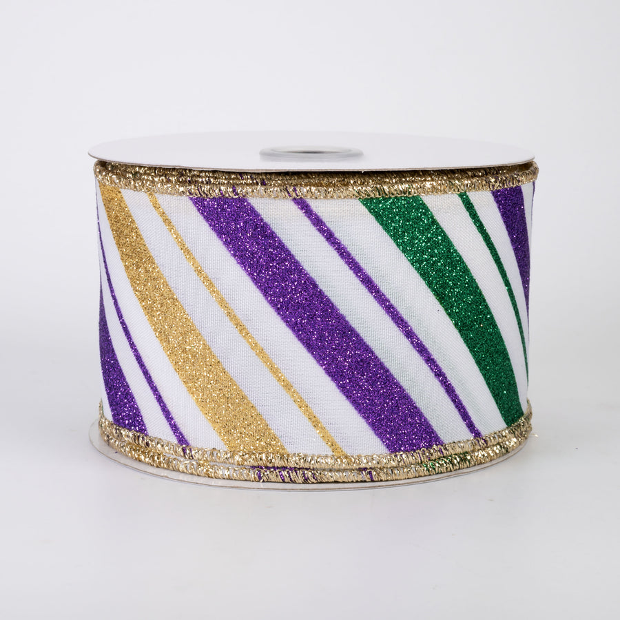 2.5" Multi Glitter Diagonal Stripe Ribbon: Mardi Gras on White (10 Yards)