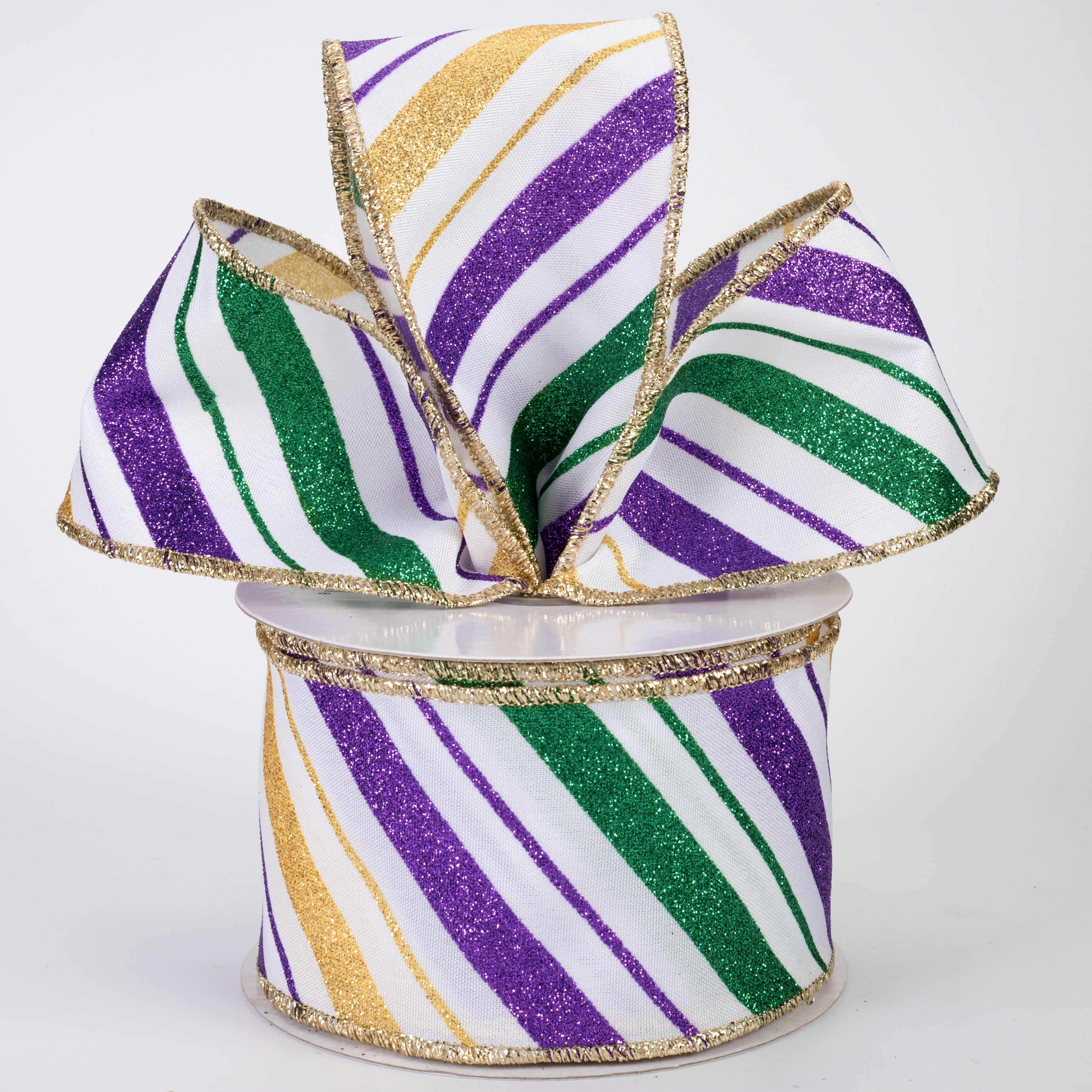 2.5" Multi Glitter Diagonal Stripe Ribbon: Mardi Gras on White (10 Yards)