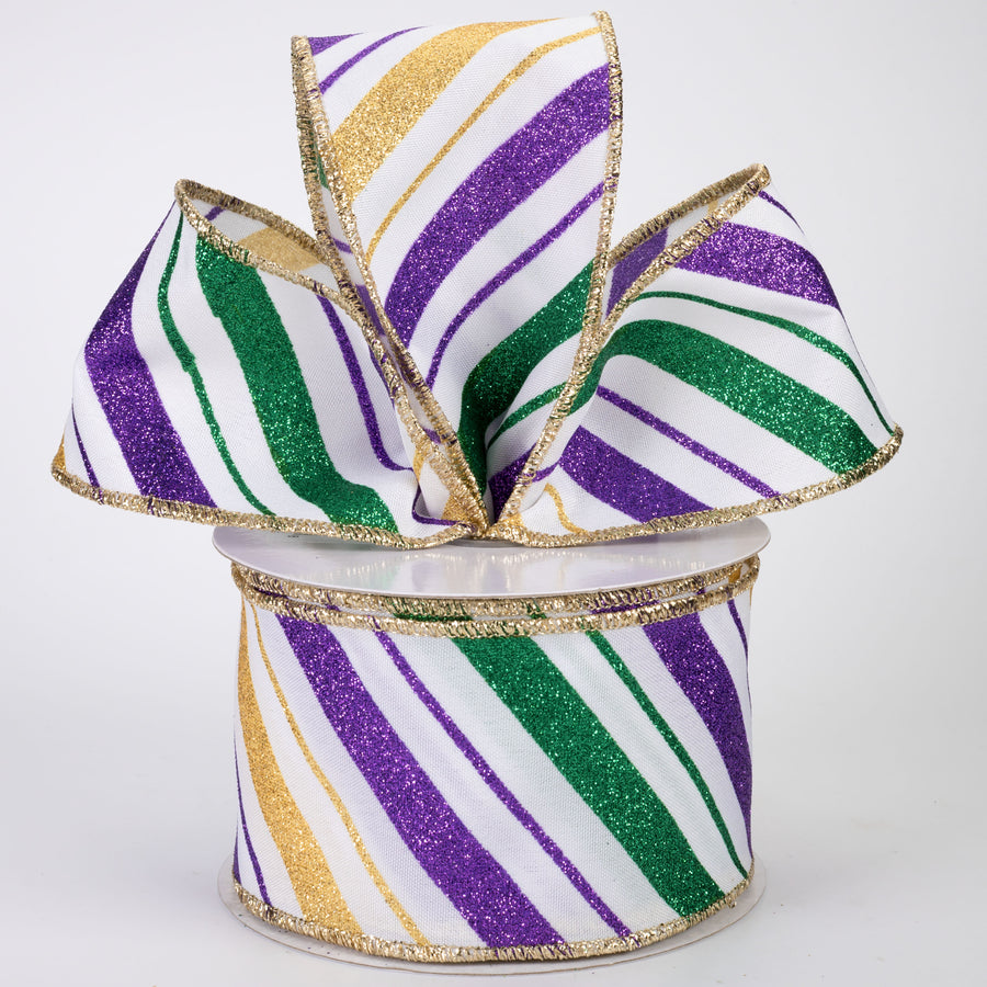 2.5" Multi Glitter Diagonal Stripe Ribbon: Mardi Gras on White (10 Yards)
