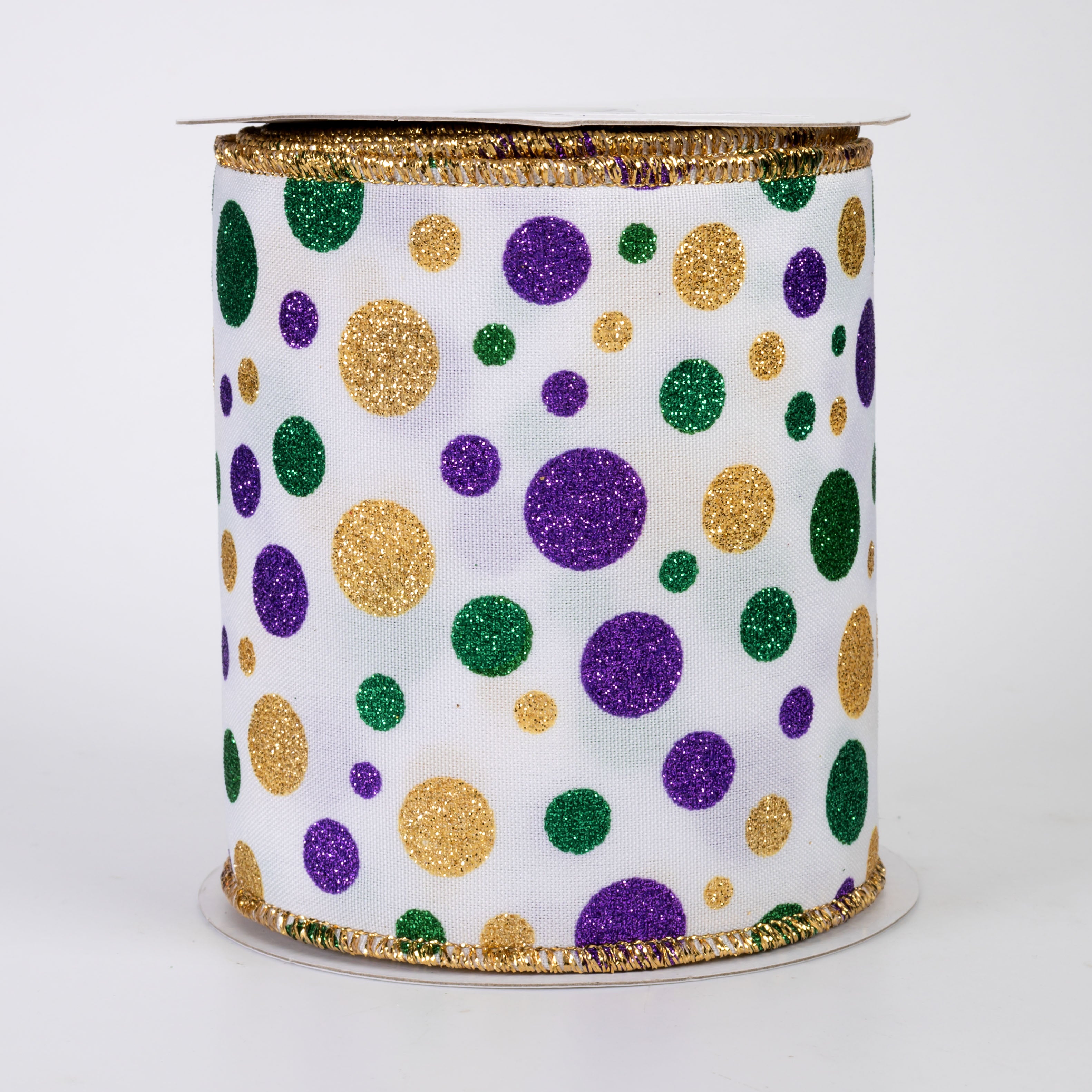 4" Multi Glitter Polka Dot Ribbon: Mardi Gras on White (10 Yards)