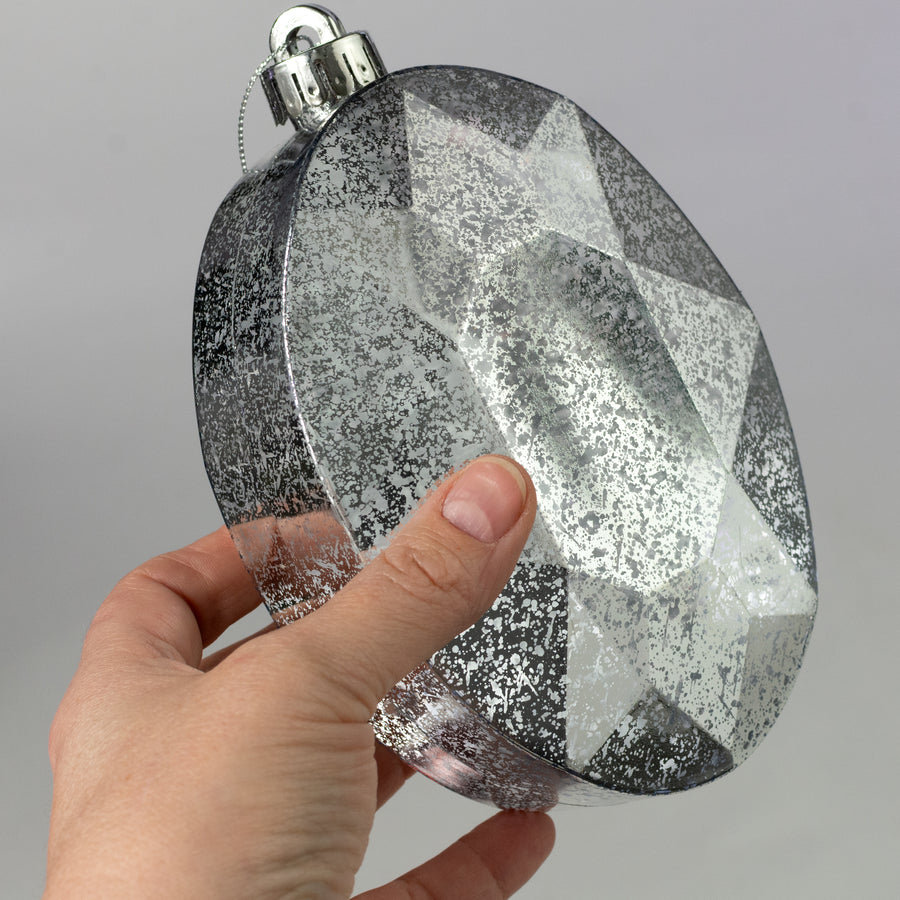 6.5" Antiqued Oval Gem Ornament: Mercury Silver
