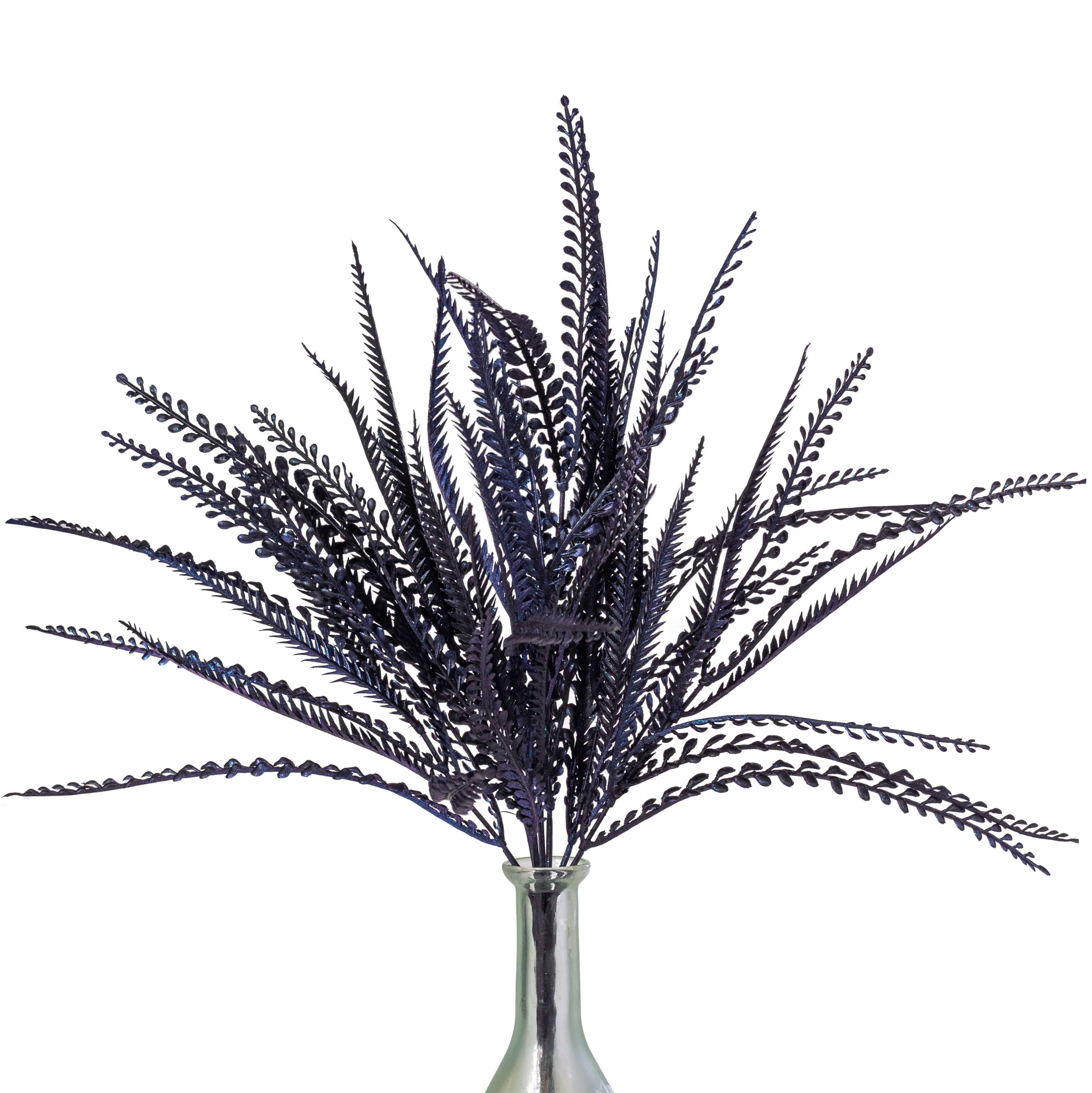 20" Plastic Leaf Button Fern Bush: Black & Iridescent Purple