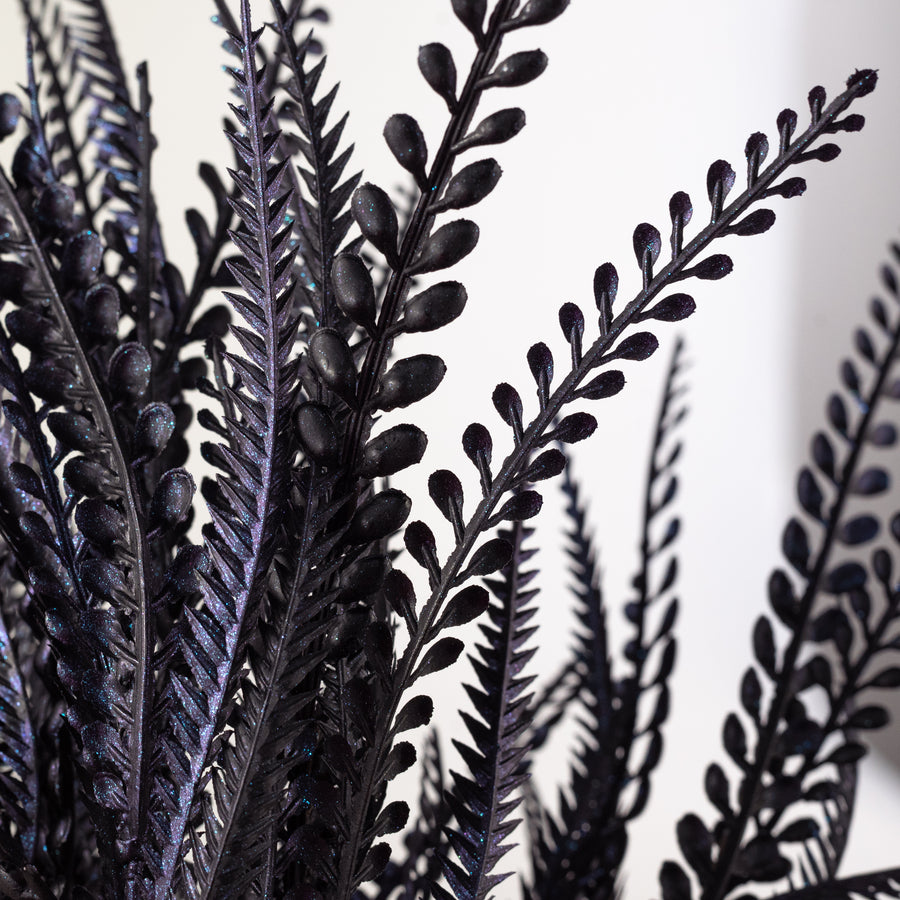 20" Plastic Leaf Button Fern Bush: Black & Iridescent Purple