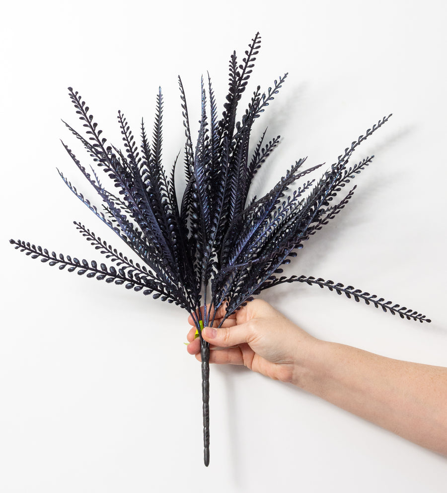 20" Plastic Leaf Button Fern Bush: Black & Iridescent Purple