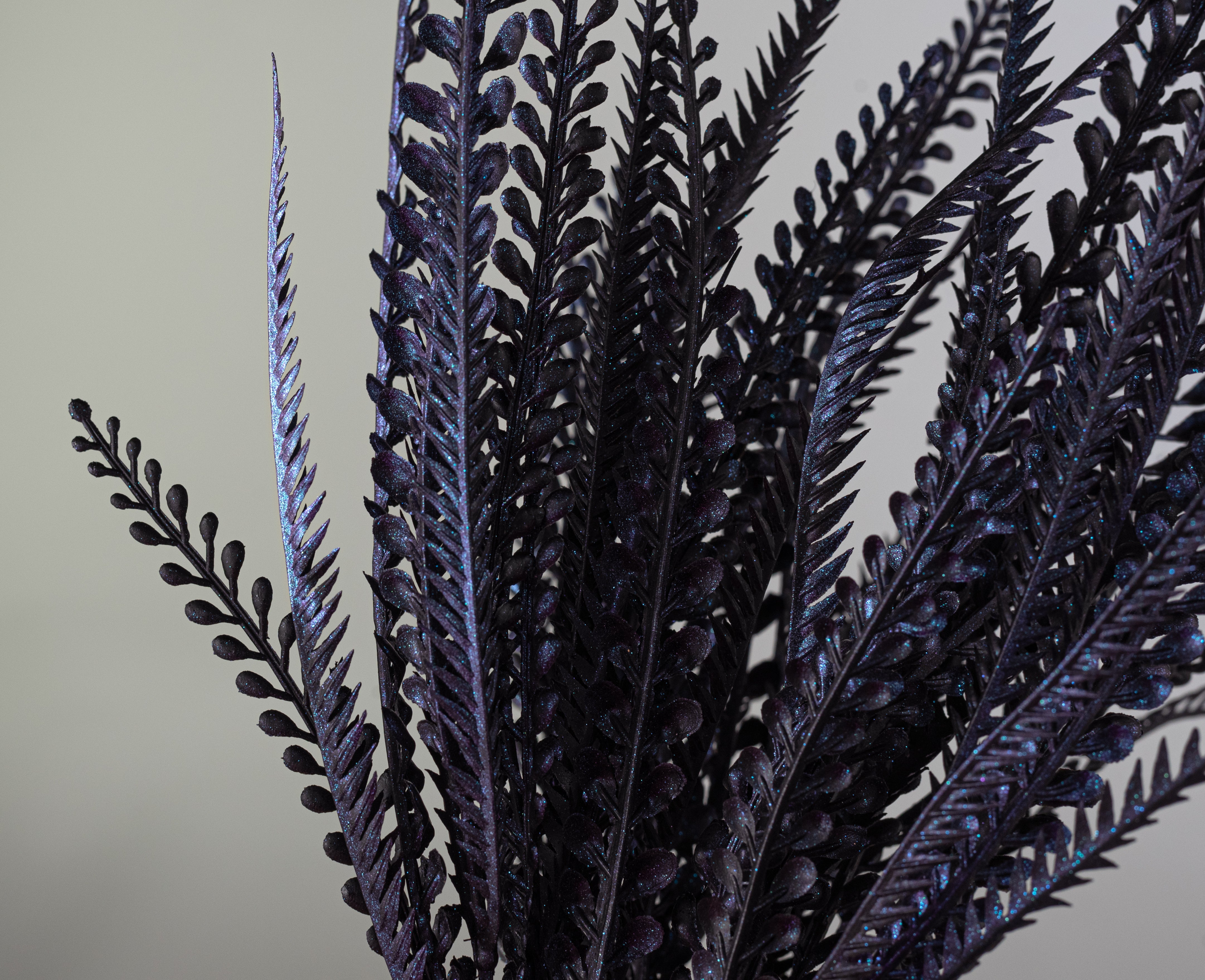 20" Plastic Leaf Button Fern Bush: Black & Iridescent Purple