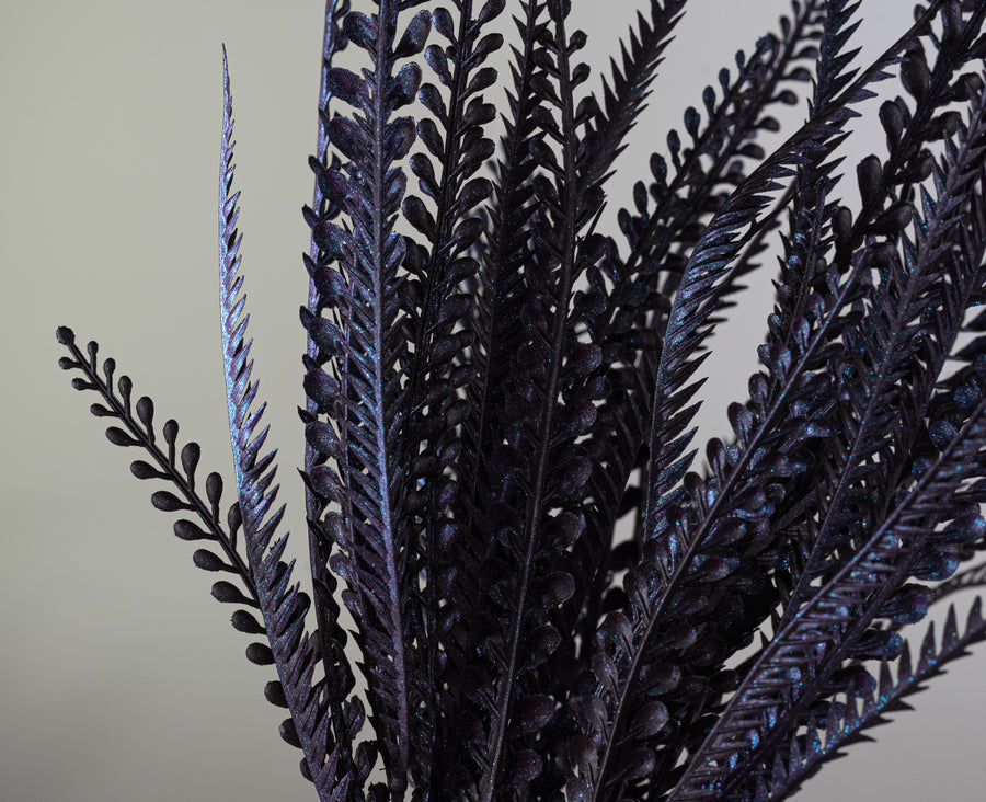 20" Plastic Leaf Button Fern Bush: Black & Iridescent Purple
