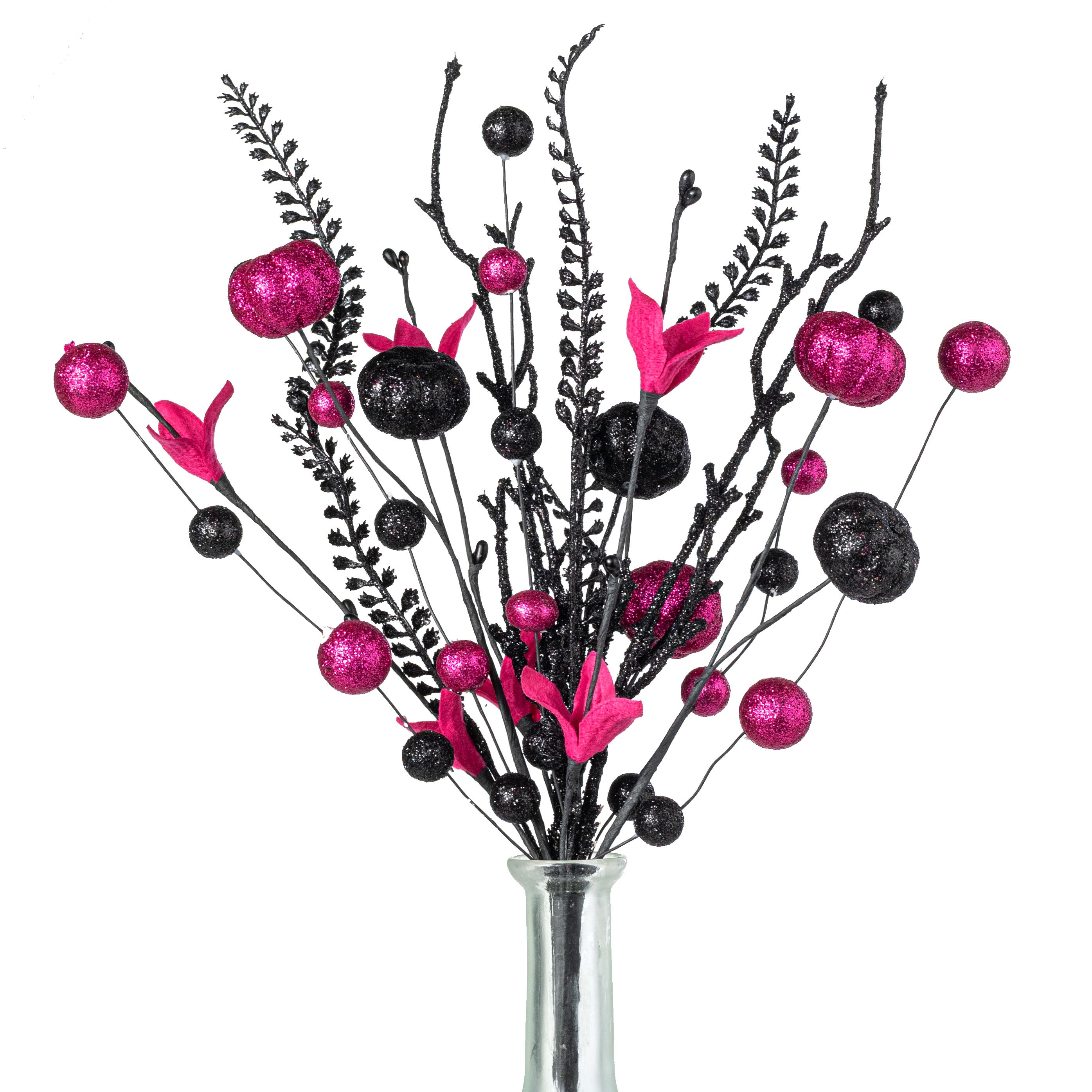 17" Glitter Pumpkins, Balls & Ferns Pick: Fuchsia Pink & Black