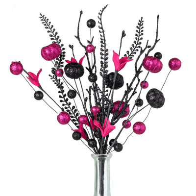 17" Glitter Pumpkins, Balls & Ferns Pick: Fuchsia Pink & Black