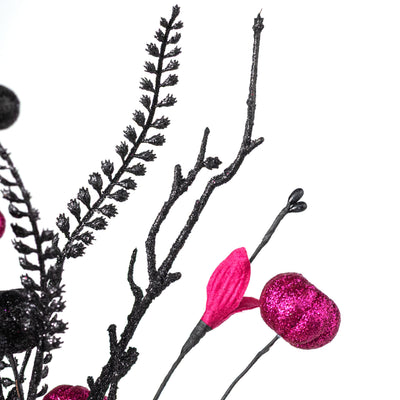 17" Glitter Pumpkins, Balls & Ferns Pick: Fuchsia Pink & Black