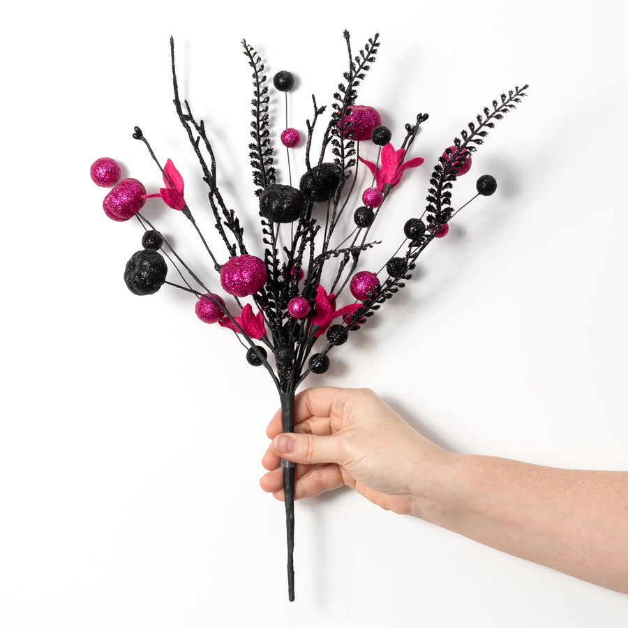 17" Glitter Pumpkins, Balls & Ferns Pick: Fuchsia Pink & Black