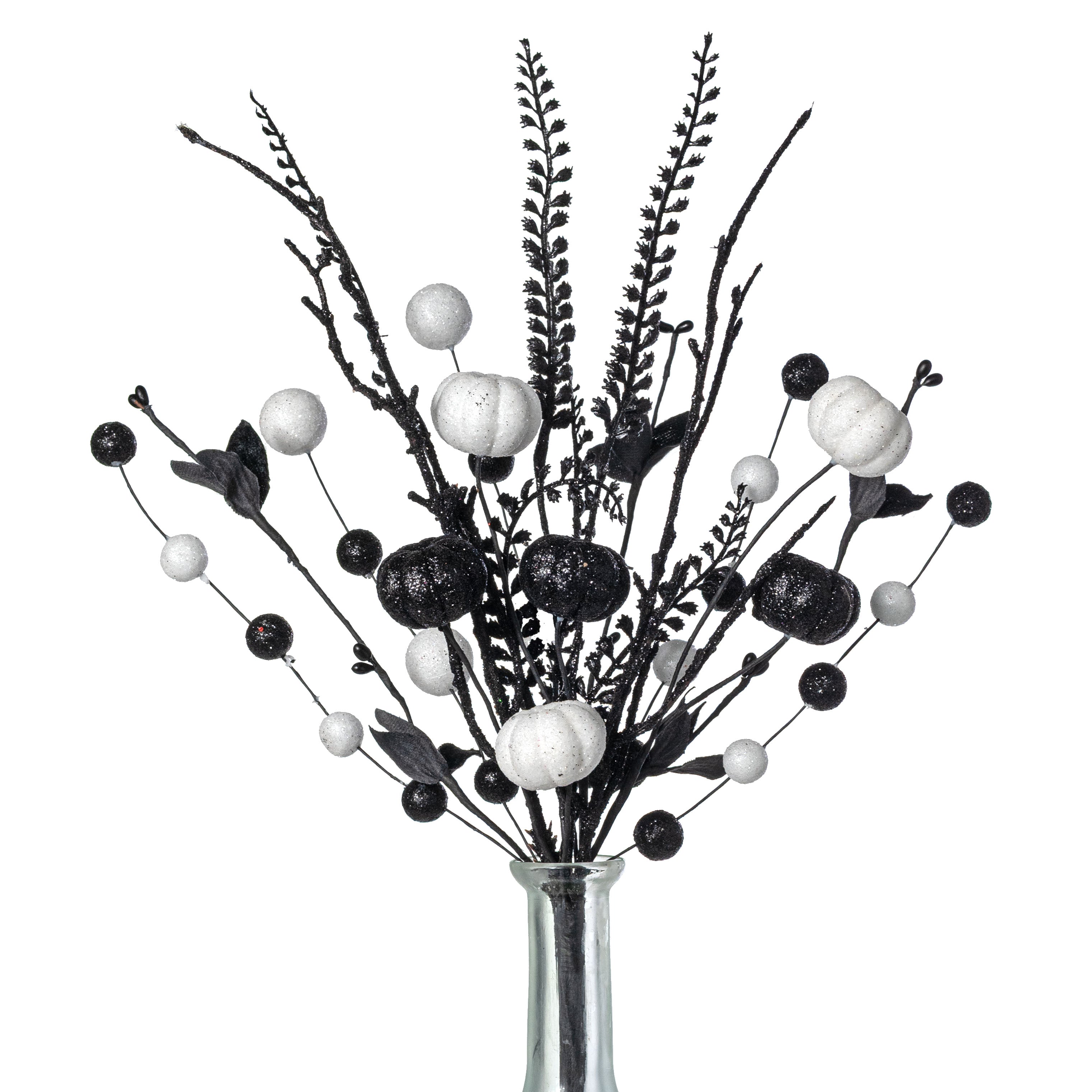 17" Glitter Pumpkins, Balls & Ferns Pick: White & Black