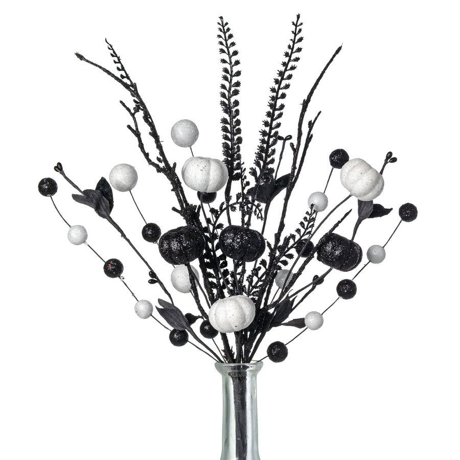 17" Glitter Pumpkins, Balls & Ferns Pick: White & Black