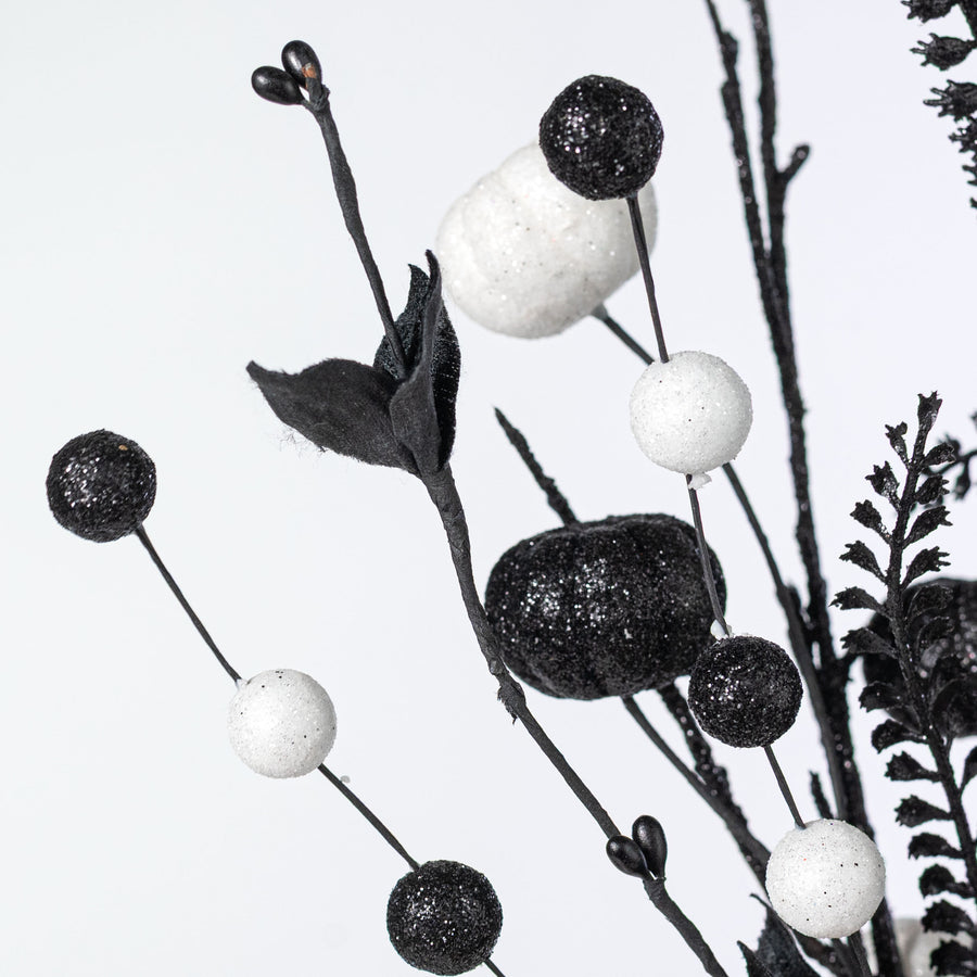 17" Glitter Pumpkins, Balls & Ferns Pick: White & Black
