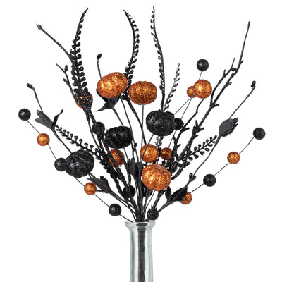 17" Glitter Pumpkins, Balls & Ferns Pick: Orange & Black