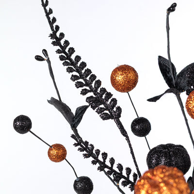 17" Glitter Pumpkins, Balls & Ferns Pick: Orange & Black