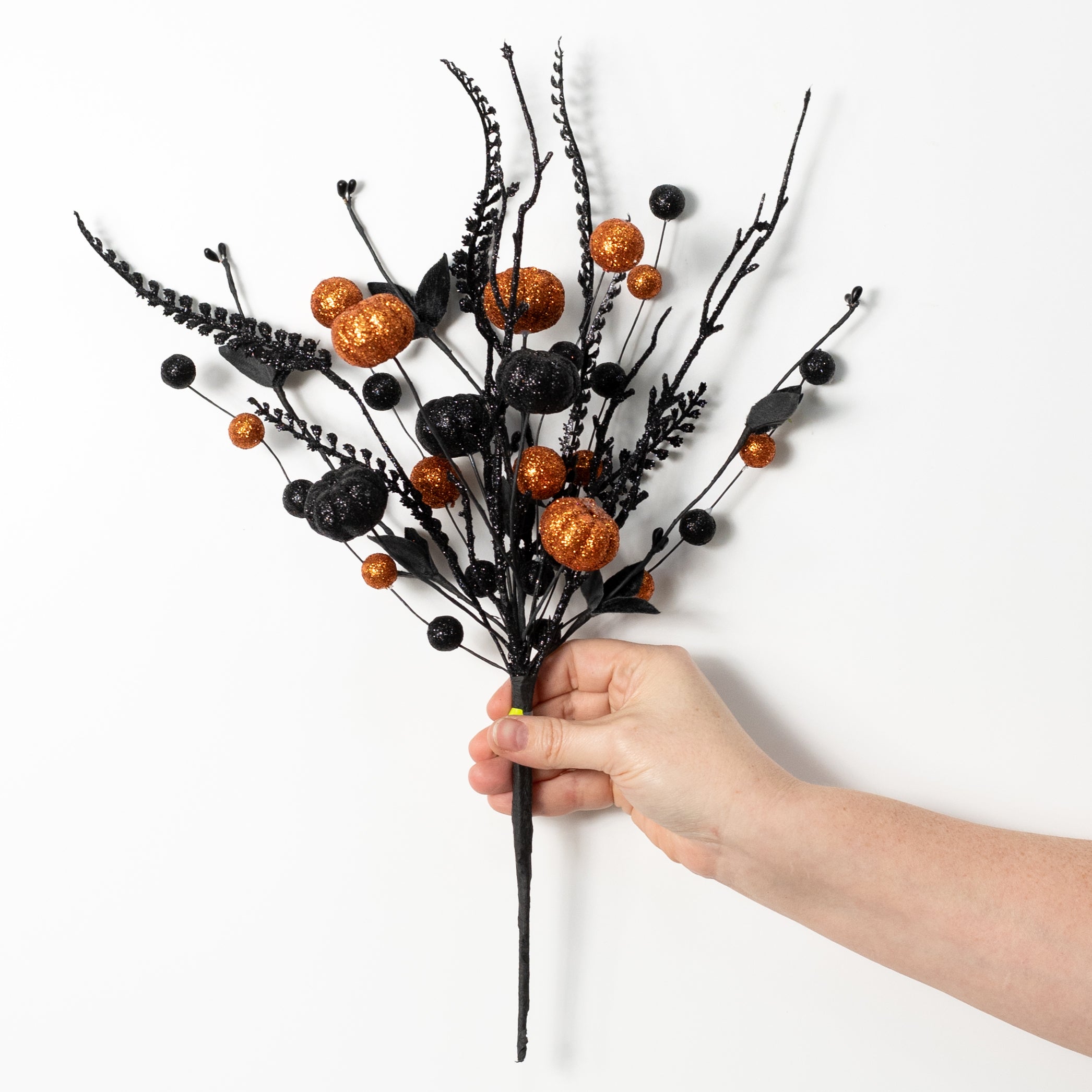 17" Glitter Pumpkins, Balls & Ferns Pick: Orange & Black