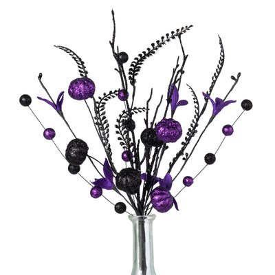 17" Glitter Pumpkins, Balls & Ferns Pick: Purple & Black