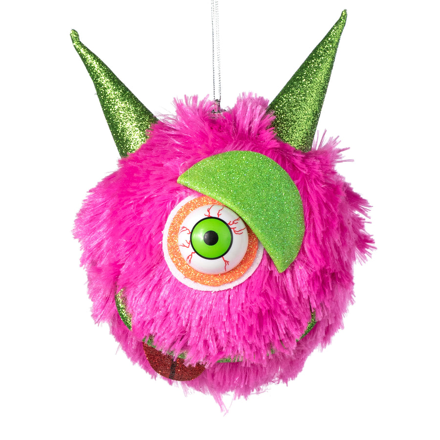 7" Furry Eyeball Monster Ornament: Neon Pink