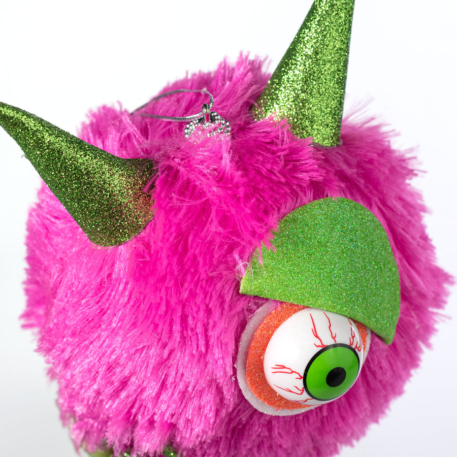 7" Furry Eyeball Monster Ornament: Neon Pink