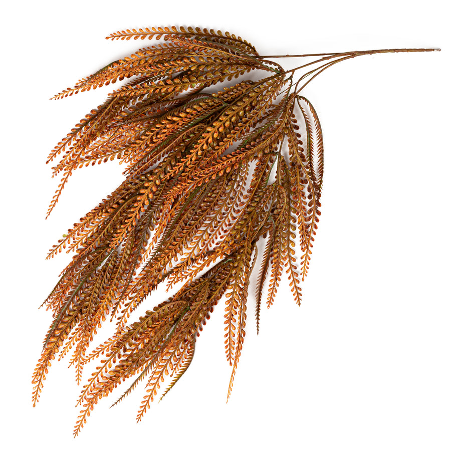 31" Plastic Leaves Button Fern Hanging Bush: Orange (5 Stem)