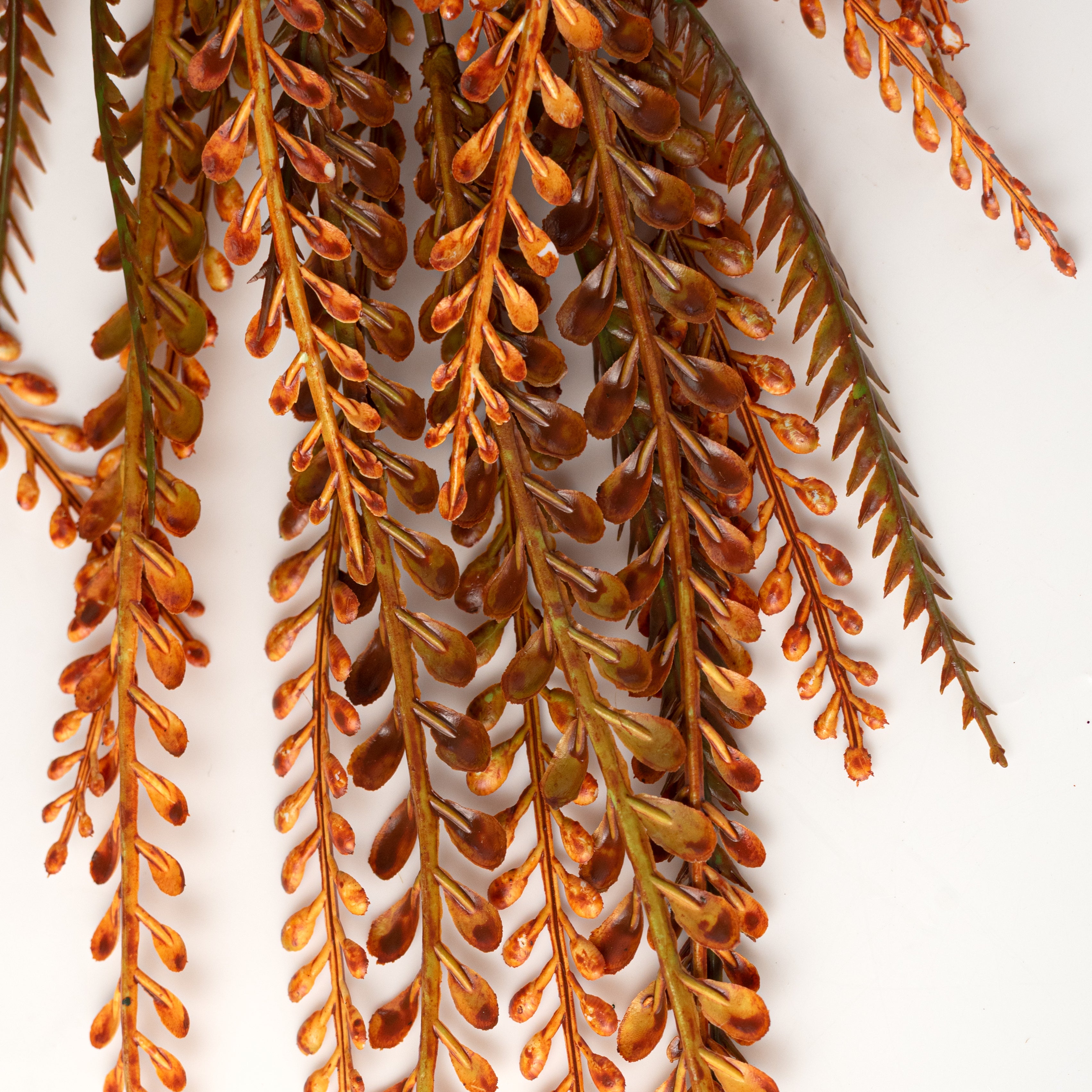 31" Plastic Leaves Button Fern Hanging Bush: Orange (5 Stem)