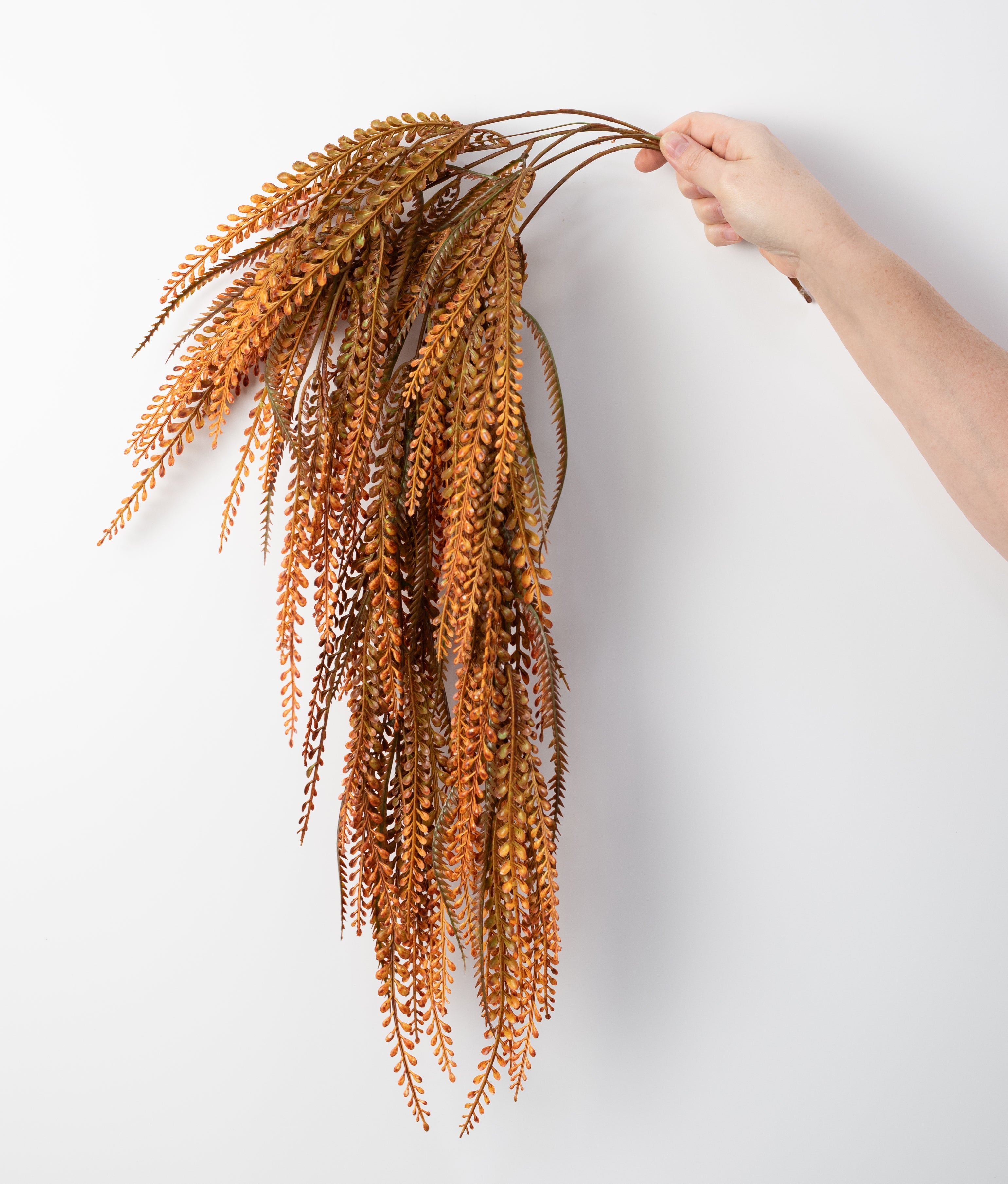 31" Plastic Leaves Button Fern Hanging Bush: Orange (5 Stem)