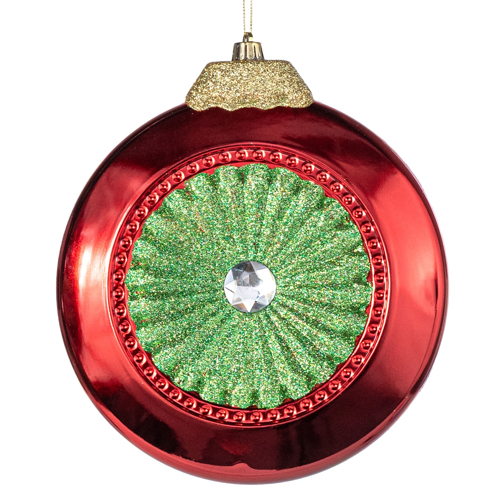 8" Glittered Disc Flat Ornament: Red & Green
