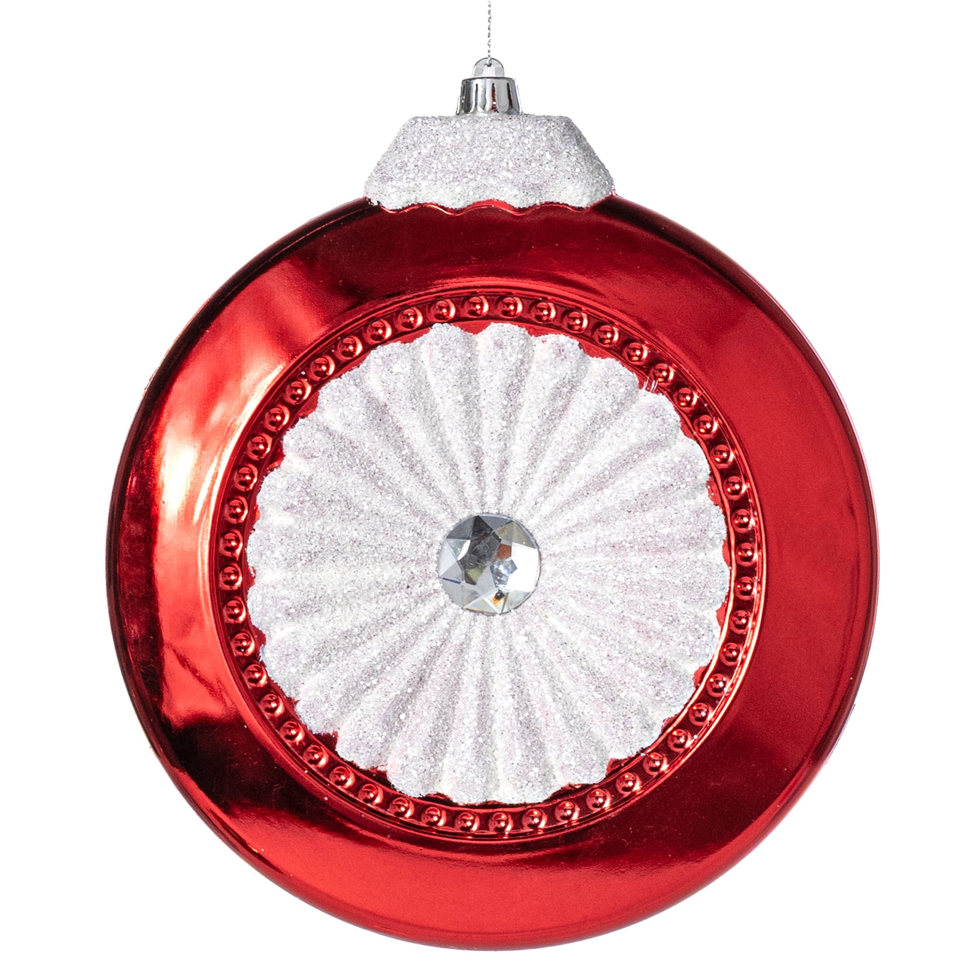 8" Glittered Disc Flat Ornament: Red & White
