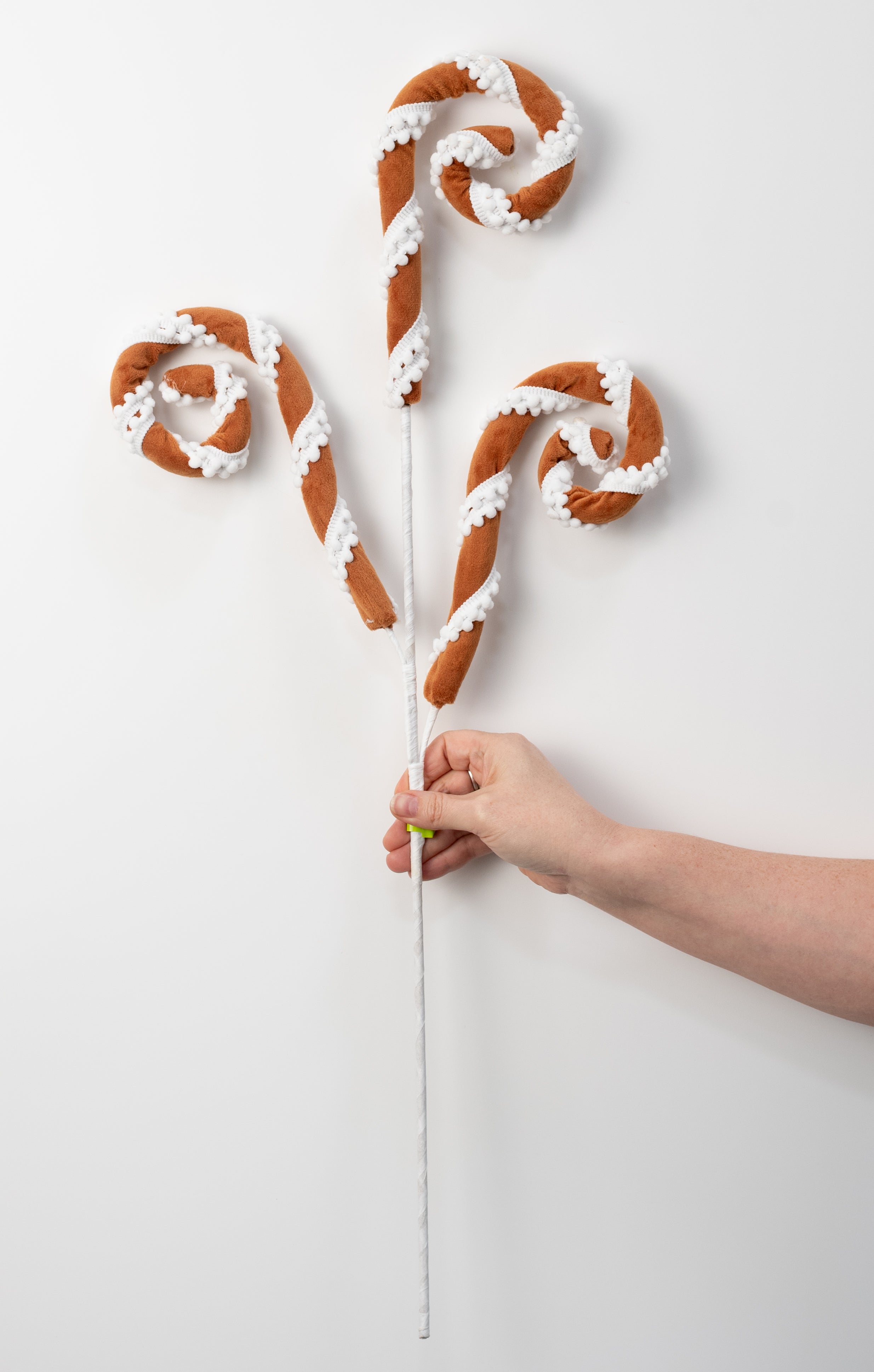 28" Gingerbread Stripe Pom-Pom Spiral Curly Spray