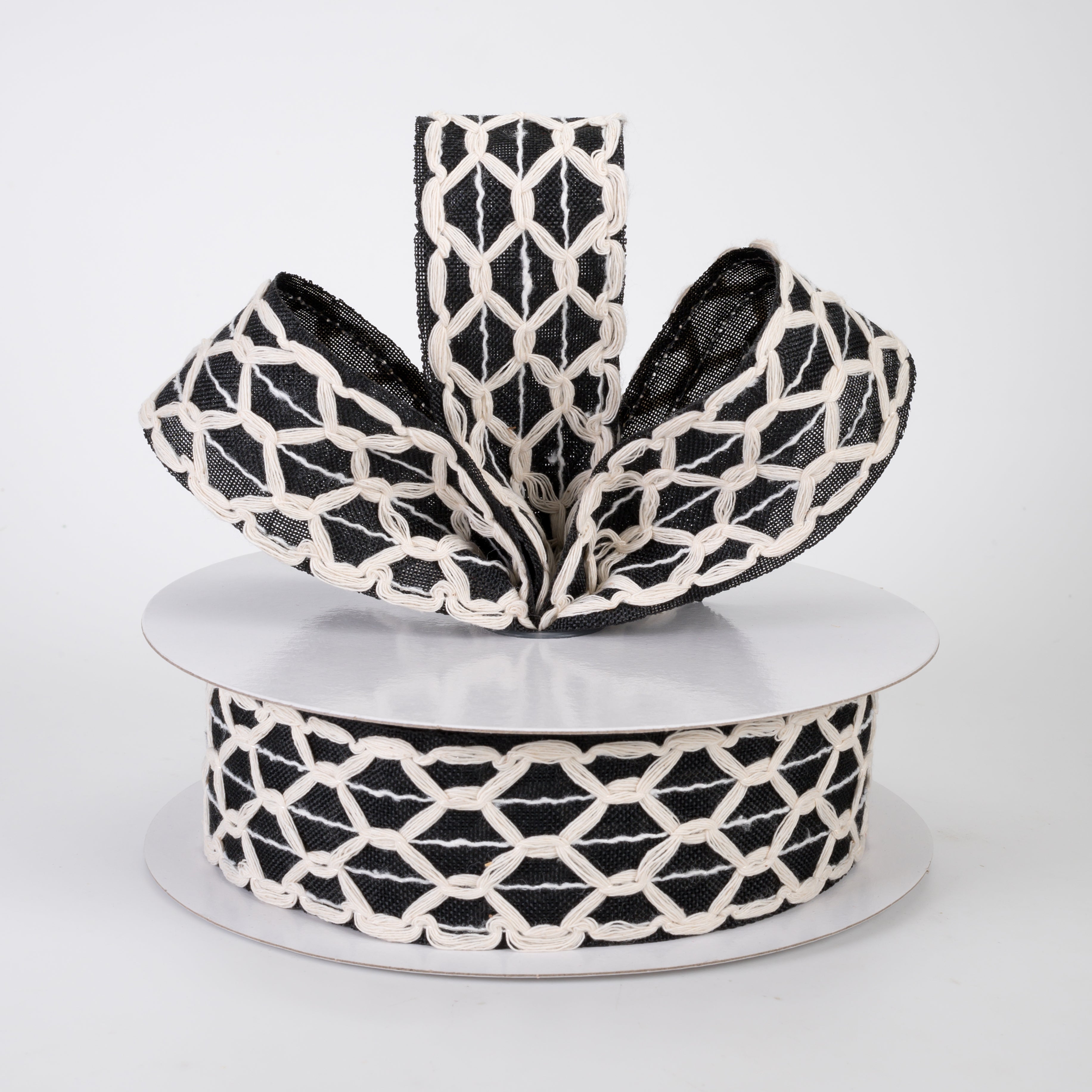 1.5" Ivory Scalloped Weave on Linen Ribbon: Black (10 Yards)