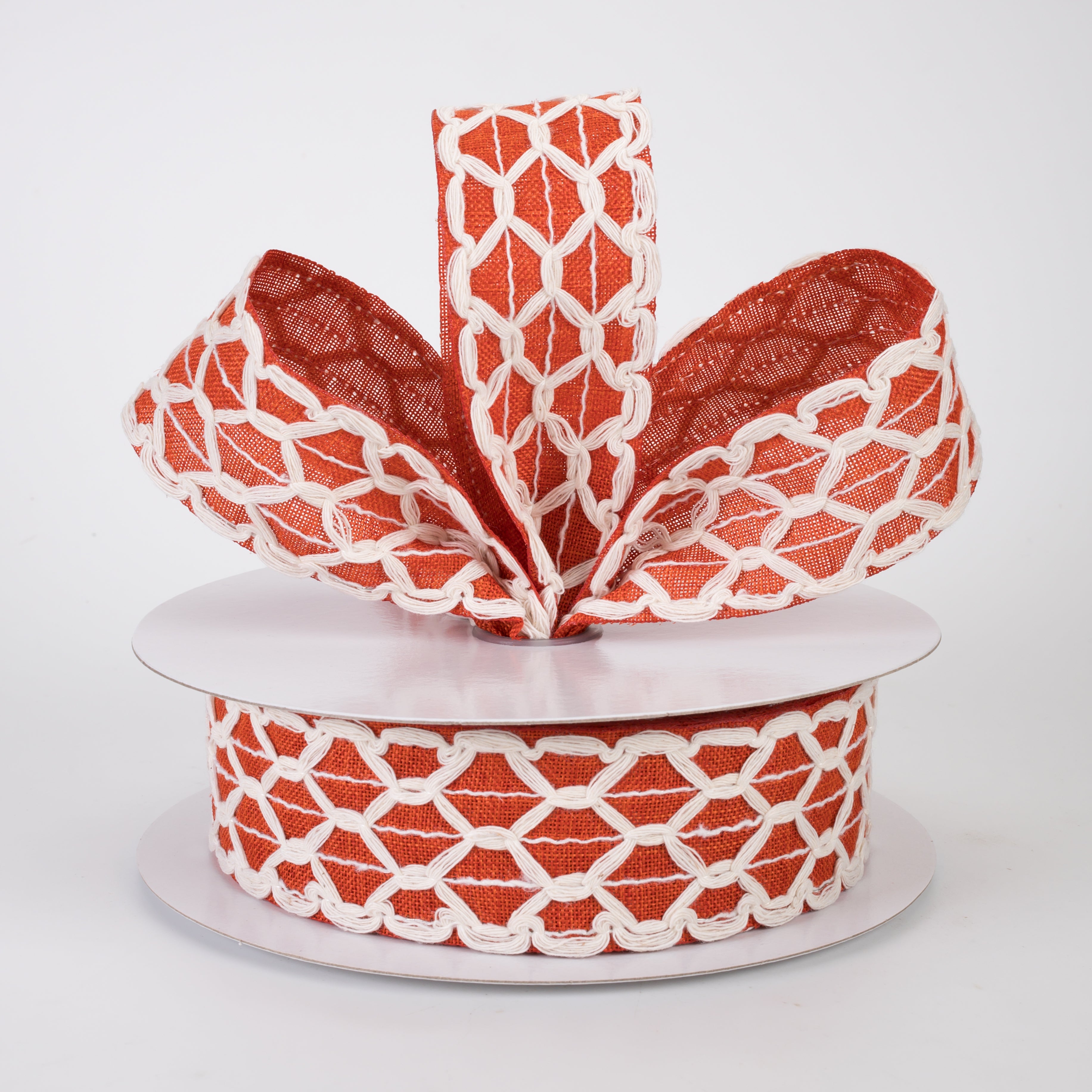 1.5" Ivory Scalloped Weave on Linen Ribbon: Rust Orange (10 Yards)