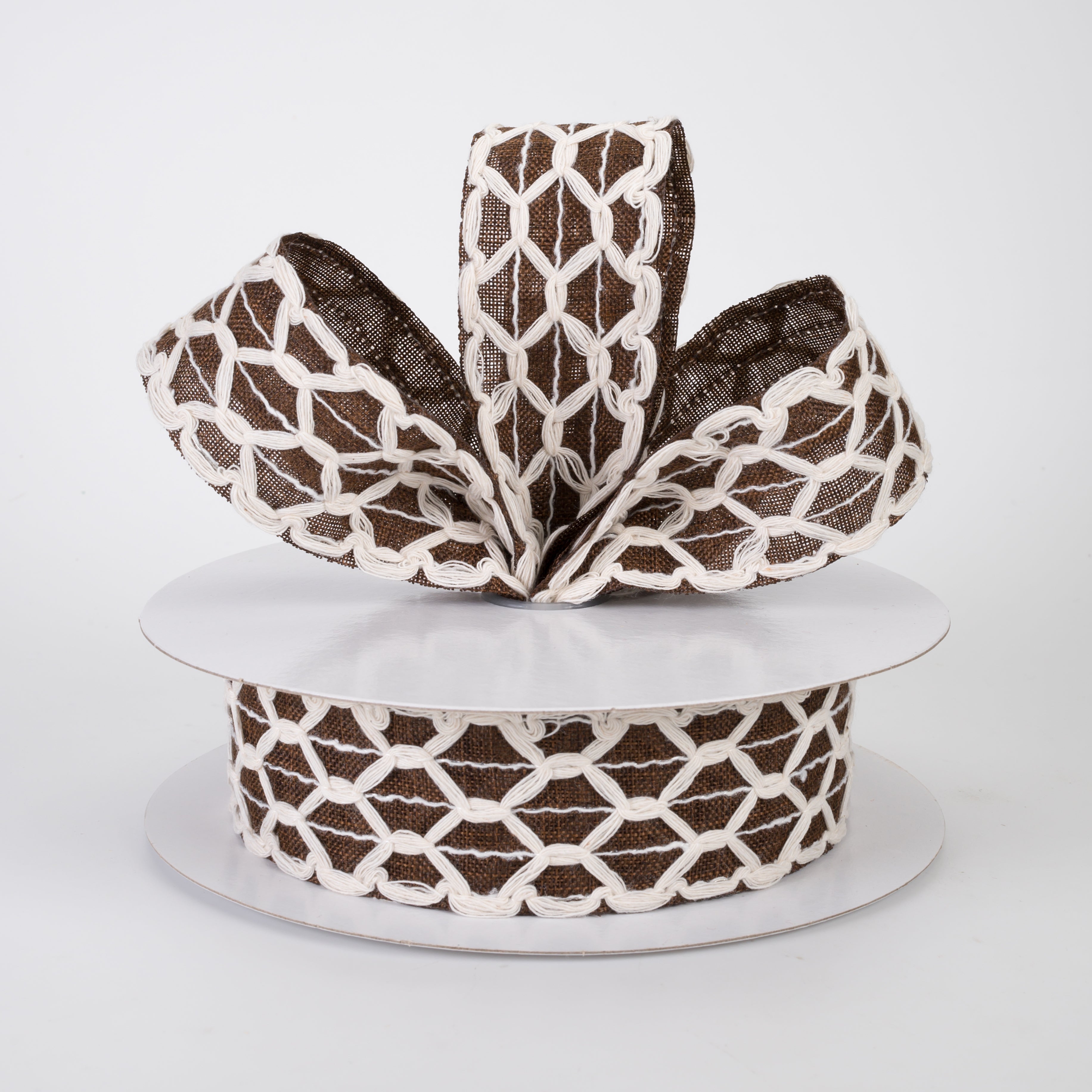 1.5" Ivory Scalloped Weave on Linen Ribbon: Dark Brown (10 Yards)
