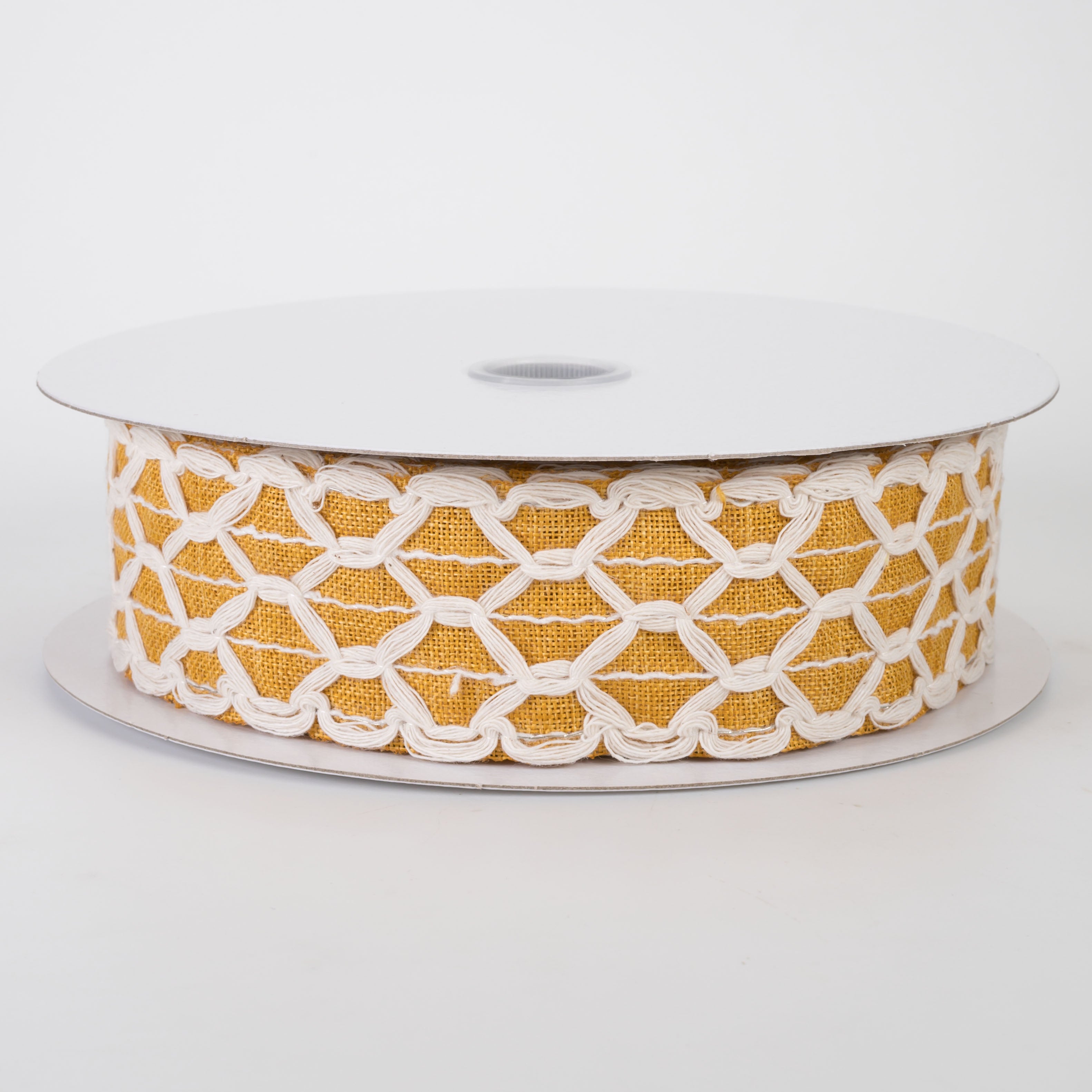 1.5" Ivory Scalloped Weave on Linen Ribbon: Sunflower Yellow (10 Yards)