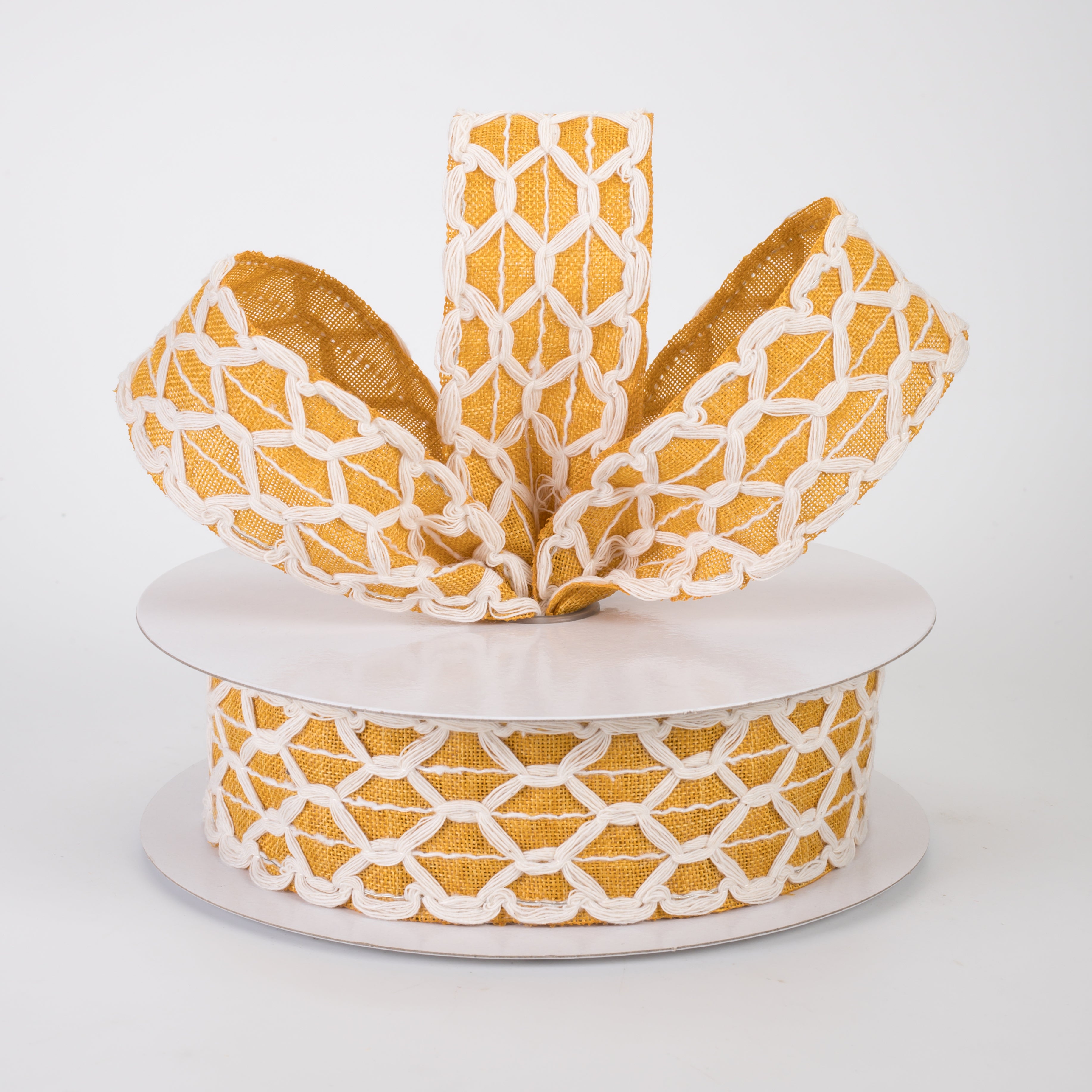 1.5" Ivory Scalloped Weave on Linen Ribbon: Sunflower Yellow (10 Yards)
