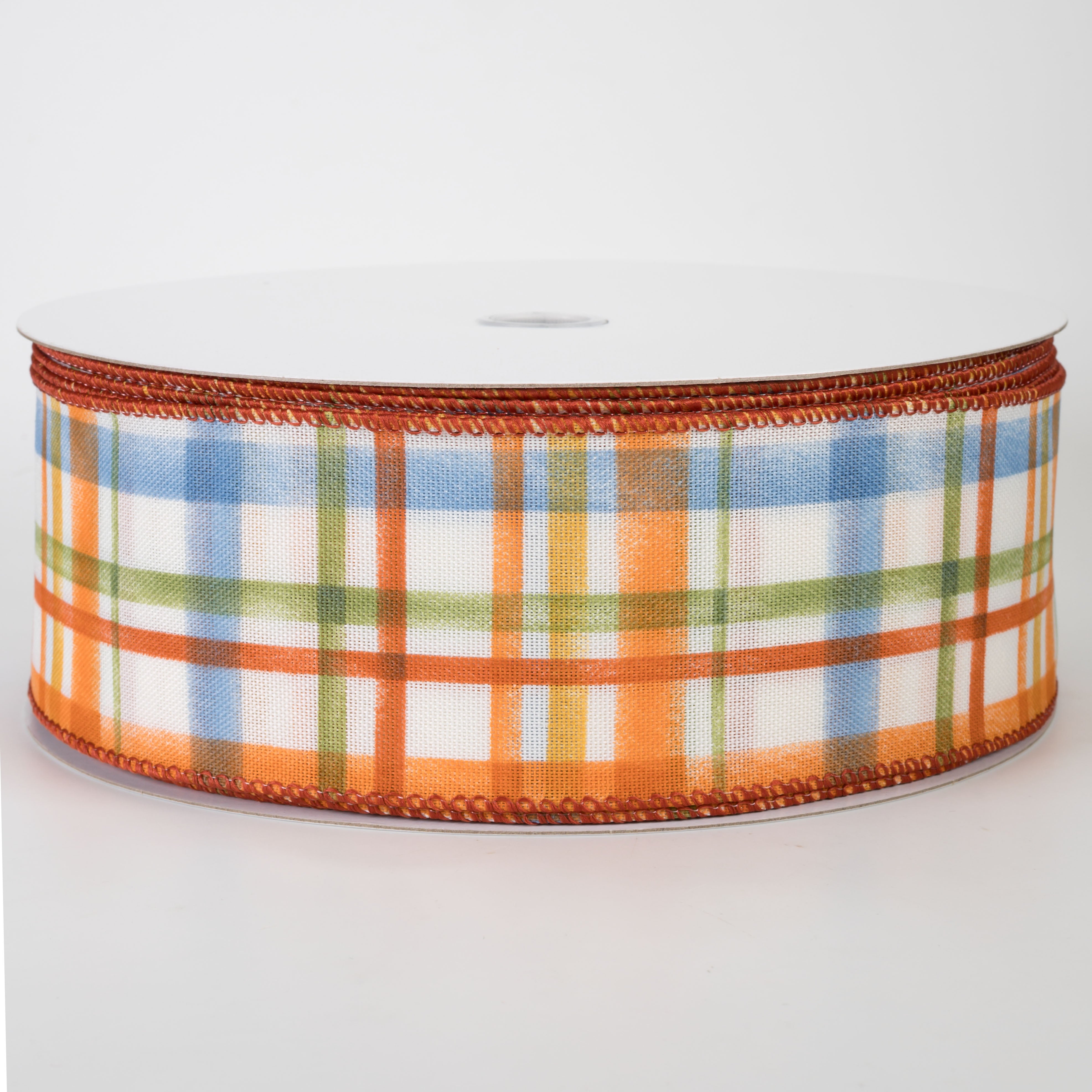 2.5" Linen Tuttola Plaid Ribbon: Blue Fall on Ivory (50 Yards)