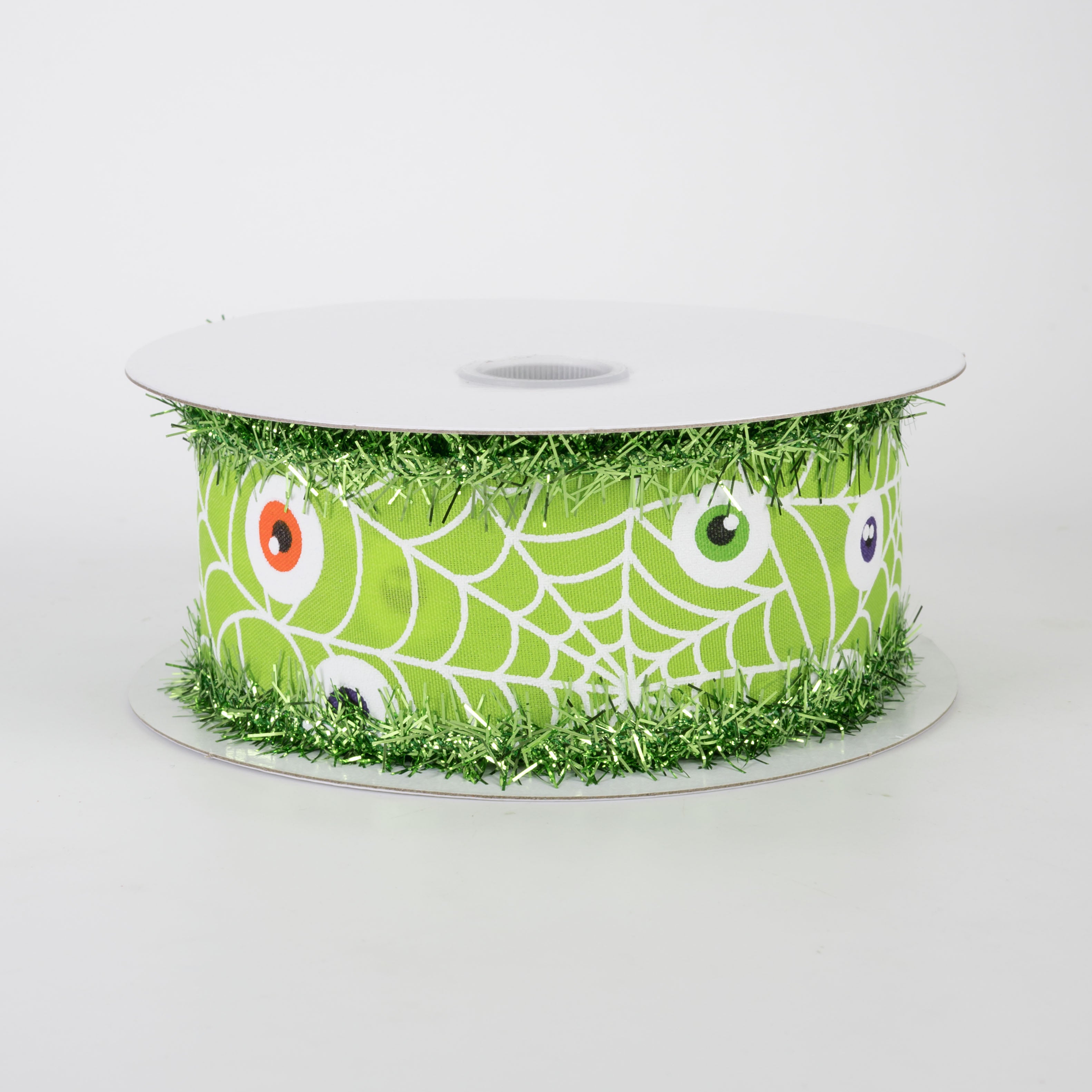 1.5" Tinsel Edge Monster Eyeballs in Spiderweb Ribbon: Lime Green (10 Yards)
